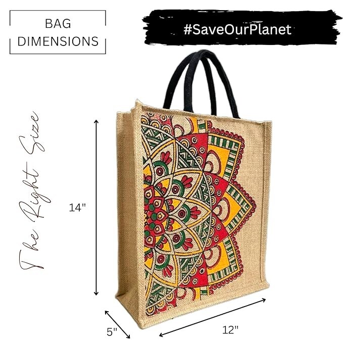 Eco-Friendly Jute Tote Bag with Unique Print, Hard Grip Handle & Zipper Reusable