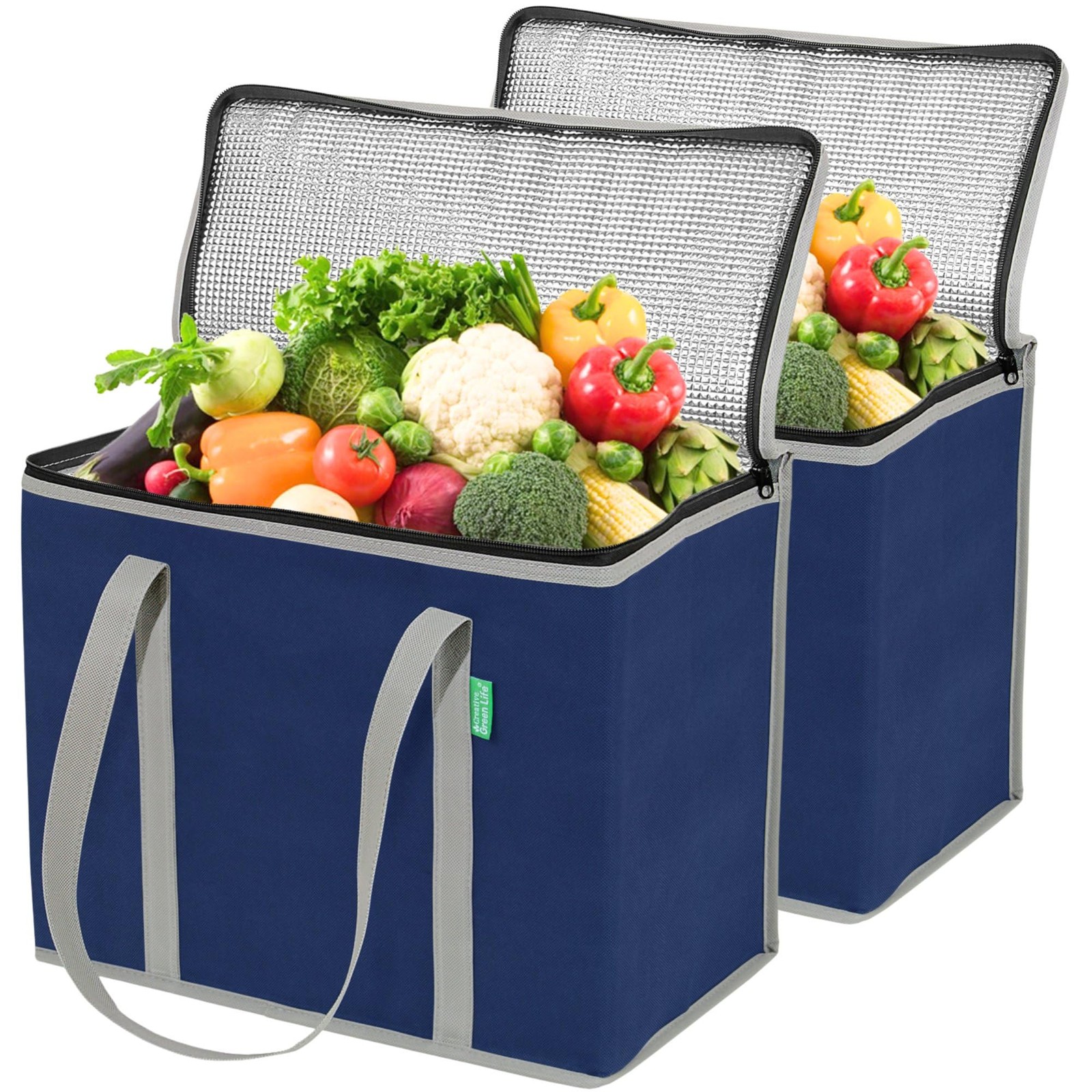 Insulated Reusable Grocery Bags 2-Pack – Cooler Bags with Hard Bottom, Navy Blue