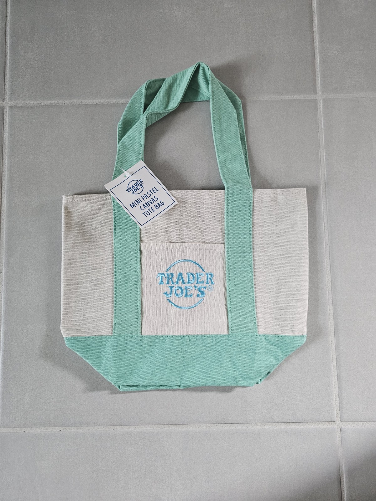 2025 Trader Joe’s Mini Pastel Canvas Tote Bag Mint Green Embroidered NWT