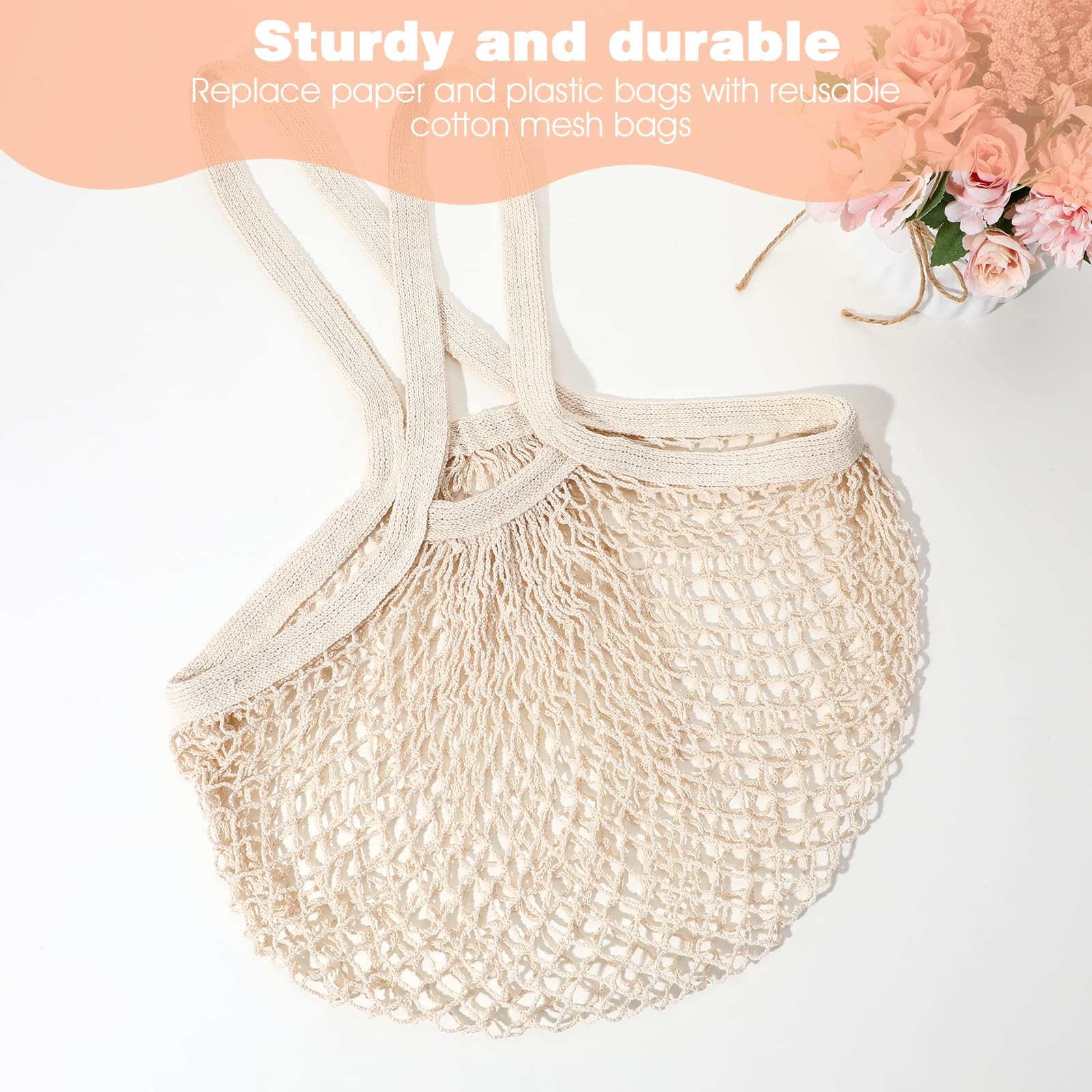 2 Pack Reusable Cotton Mesh Farmers Market Bag, Grocery 35 x 35 cm, Beige