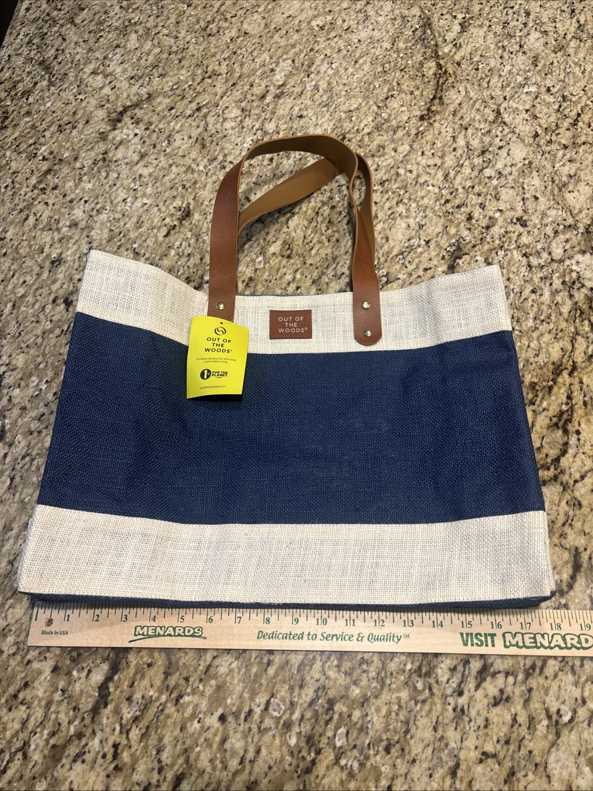New Jute Market Tote Out of the Woods NWT Navy Blue Leather Handles Pocket