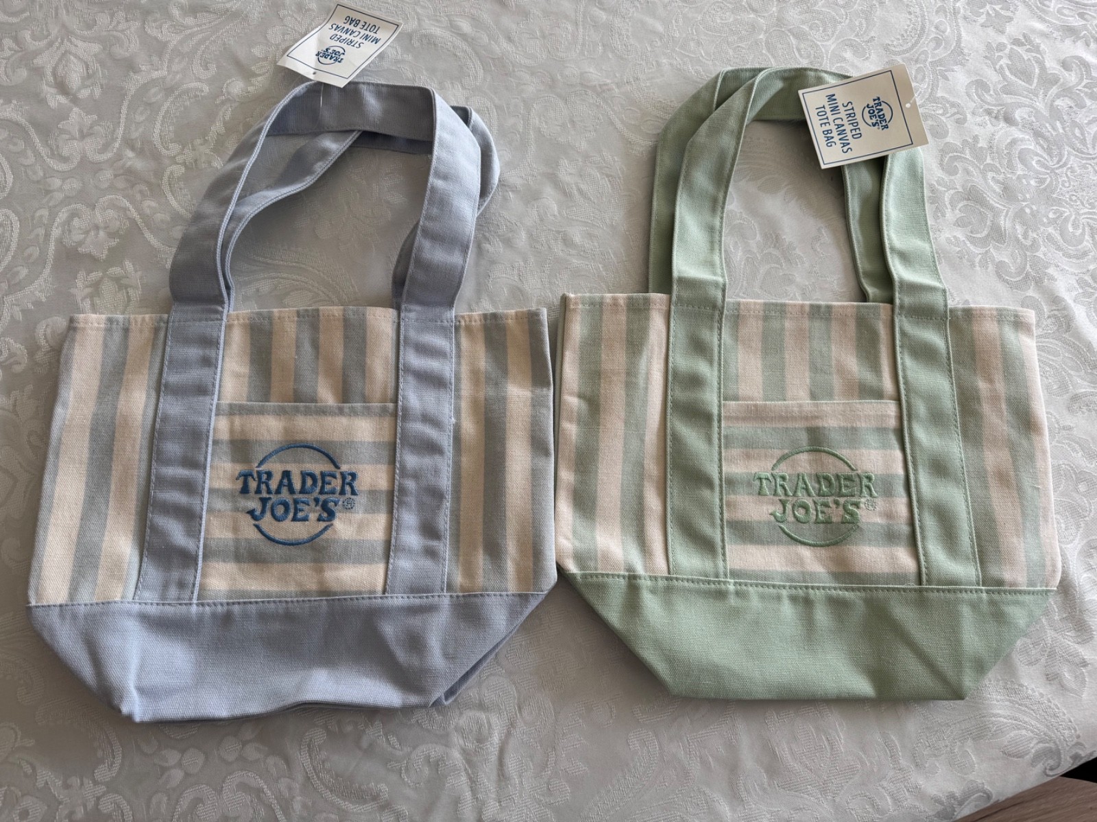 Trader Joe’s, Mini Canvas, Tote Bag, Set Of 2 Blue And Green Striped Summer 2026