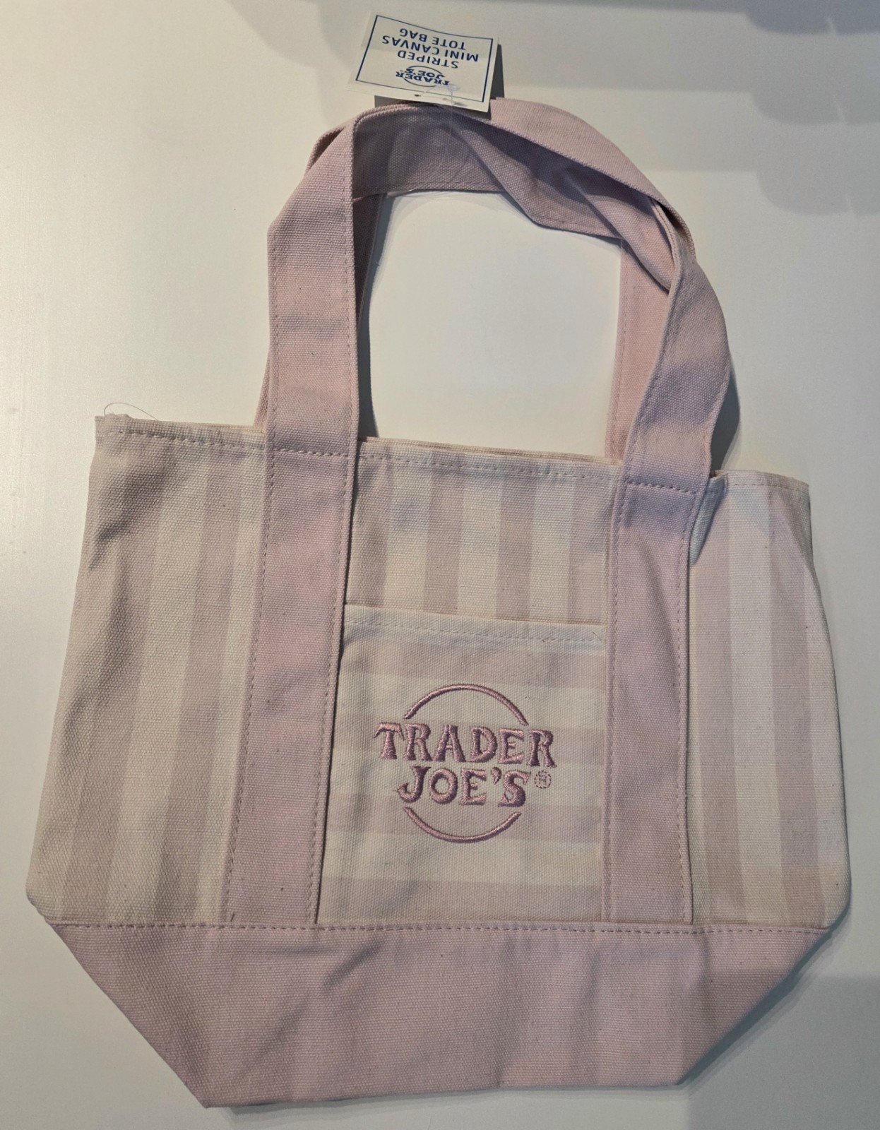 Pink Trader Joe’s Striped Mini Canvas Tote Bag Reusable Shopping Tote Nwt Beige
