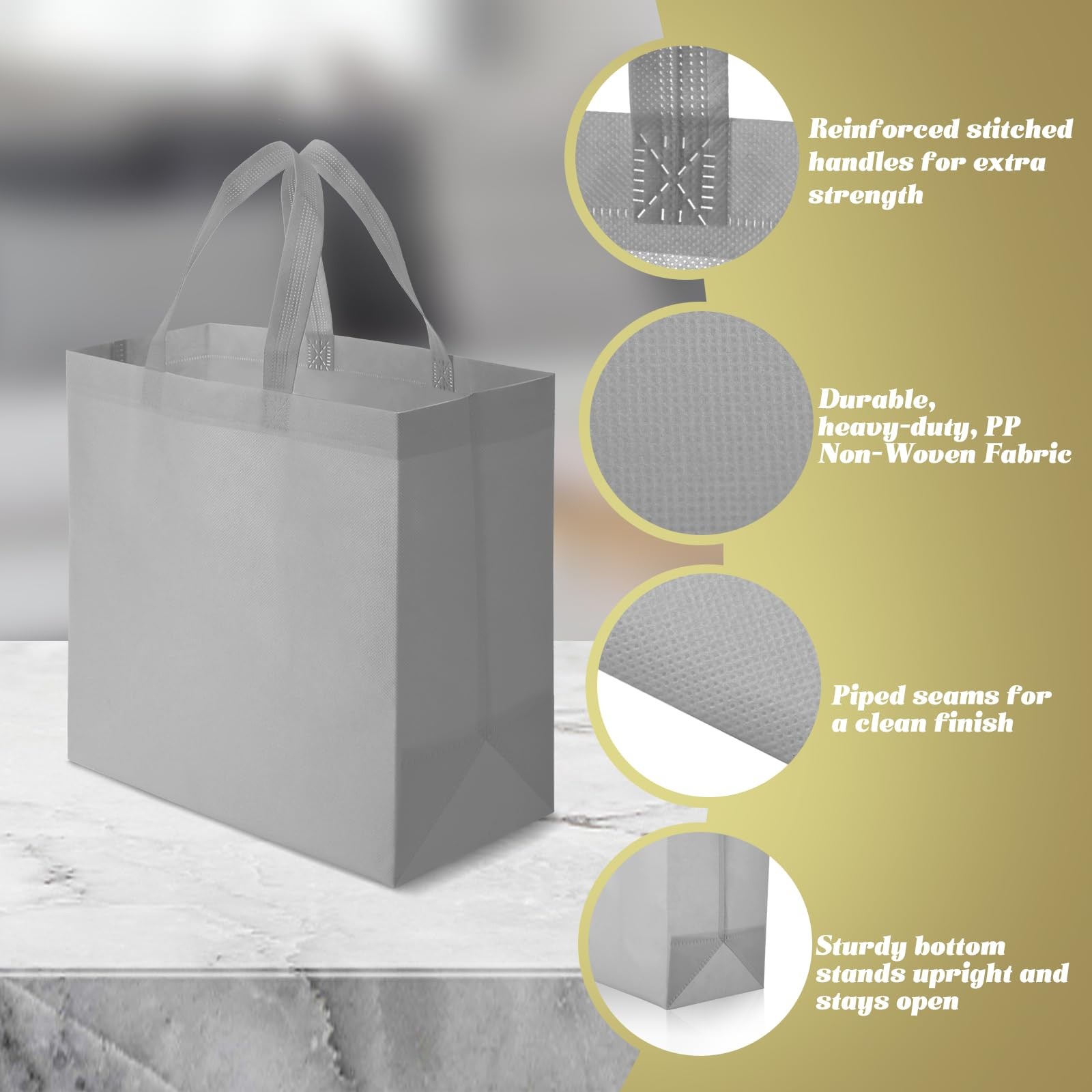 Reusable Tote Bags 50 Pack Non Woven Grey Grocery Shopping Handbag Bulk
