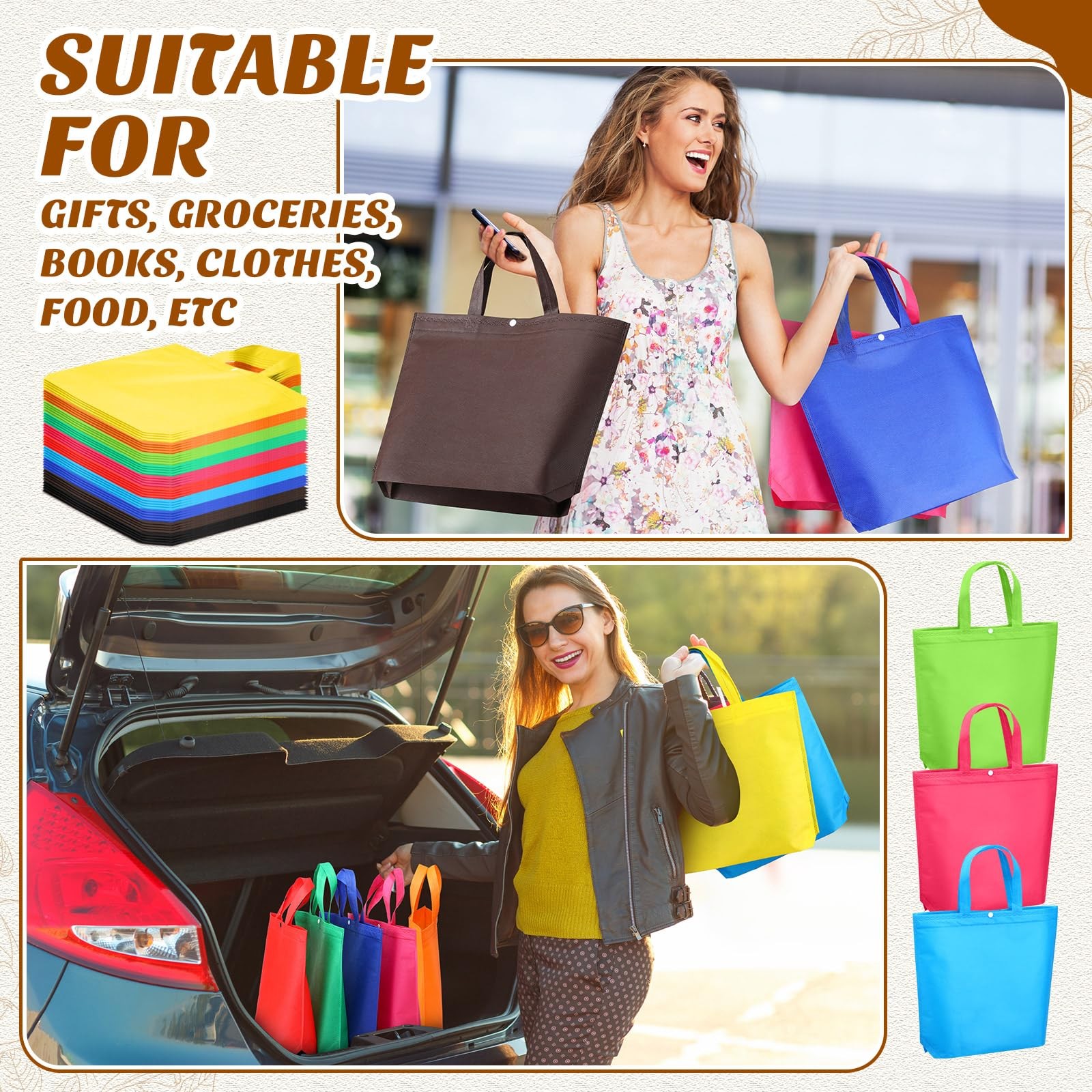 50 Pcs Reusable Grocery Bags Bulk Large Non Woven Portable Shopping Tote with…
