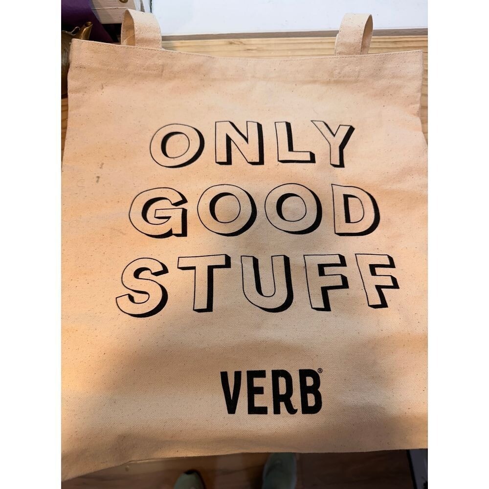 Verb Products Reusable Canvas Tote Bag NWOT “Only Good Stuff” beige & Black