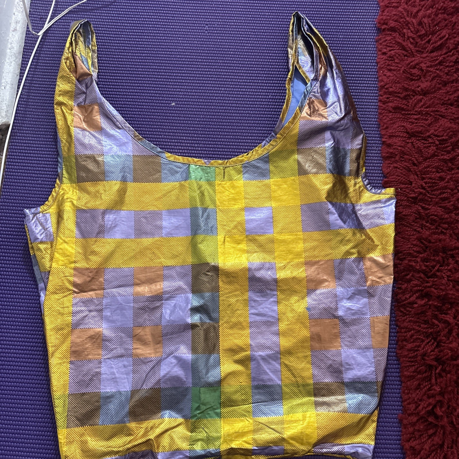 BAGGU MADRAS METALLIC Purple & Gold Plaid Reusable Bag 15 inches L x 14 inches W