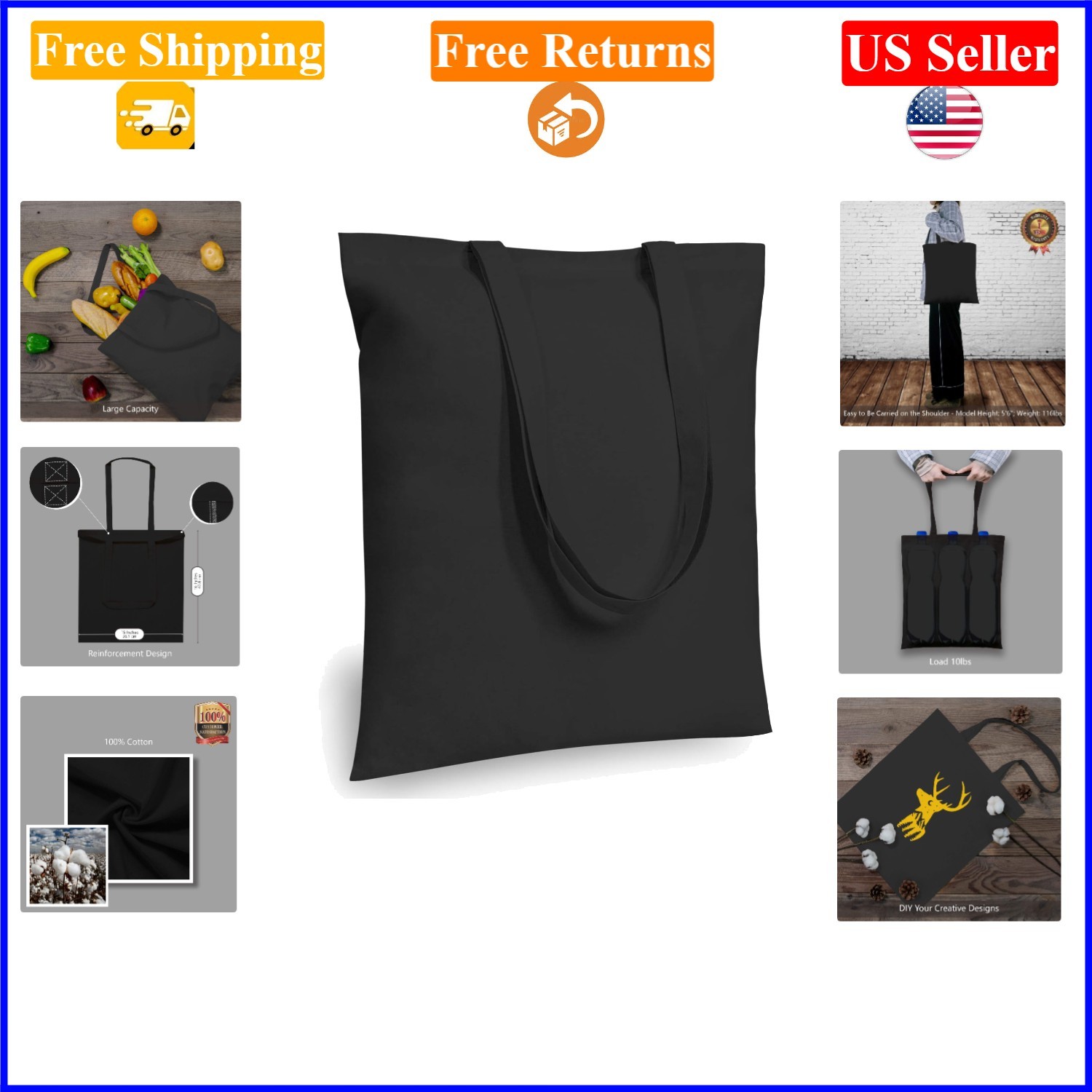 6-Pack Black Cotton Eco-Friendly Reusable Tote Bags, Medium, 16×15