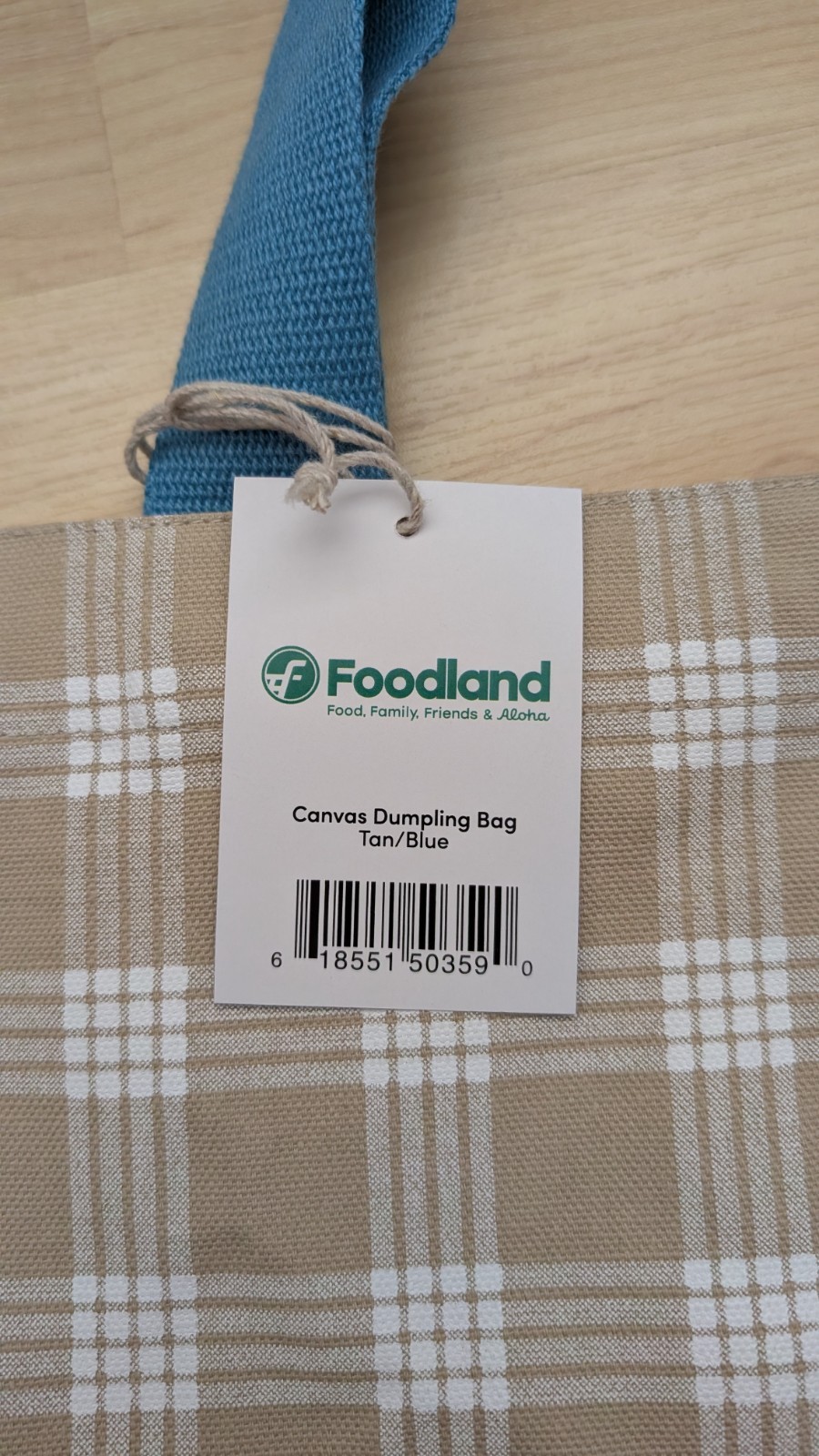 Foodland Hawaii Palaka Tan Beige, Blue Handle Canvas Dumpling Reusable Tote Bag