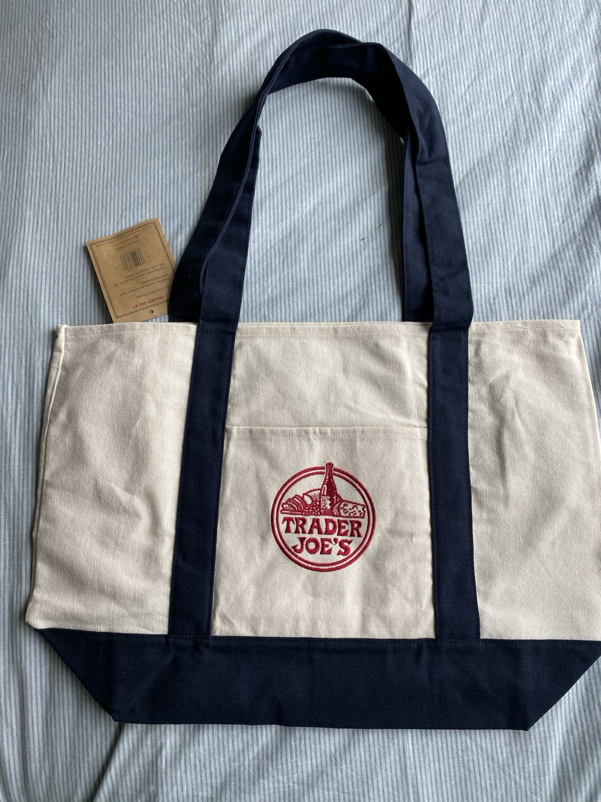 Trader Joe’s Canvas Foldable Reusable Shopping Bag Tote Beige Navy Blue