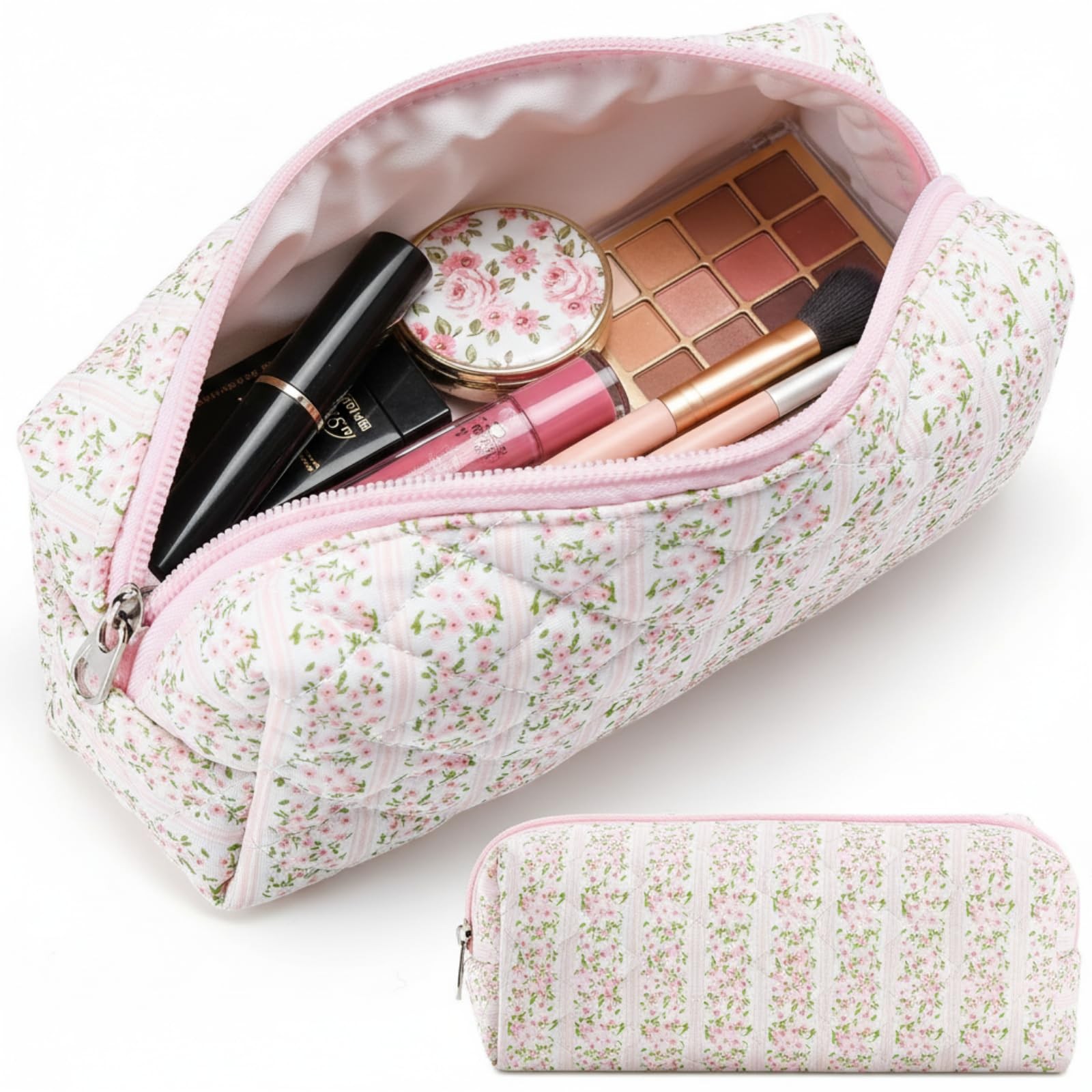 Paterr Floral Quilted Makeup Bag Aesthetic 7.68 x 3.15 x 2.76 inches, Pink