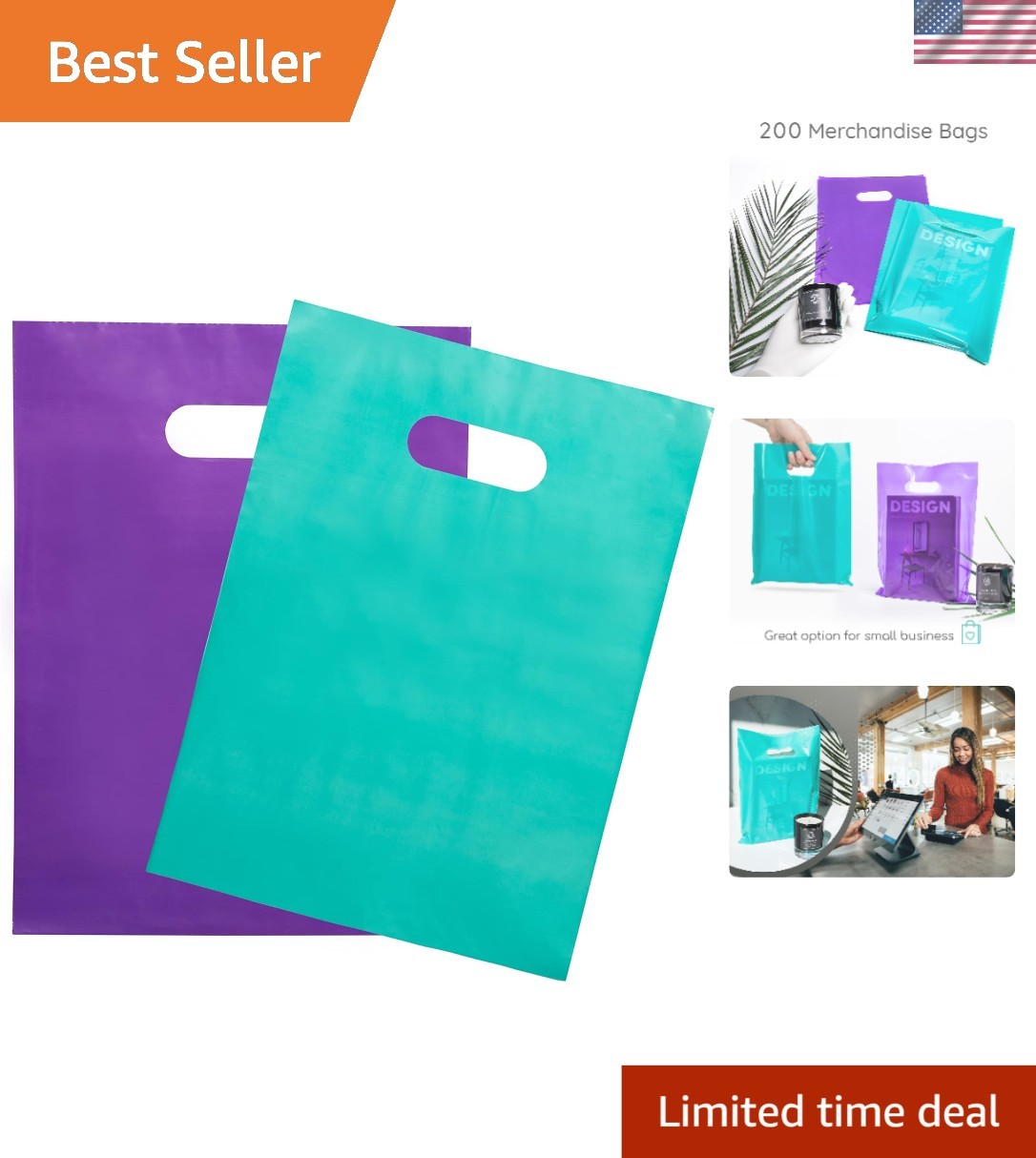 Vibrant 200 Teal & Purple Glossy Merchandise Bags with Handles – 1.5Mil Thick