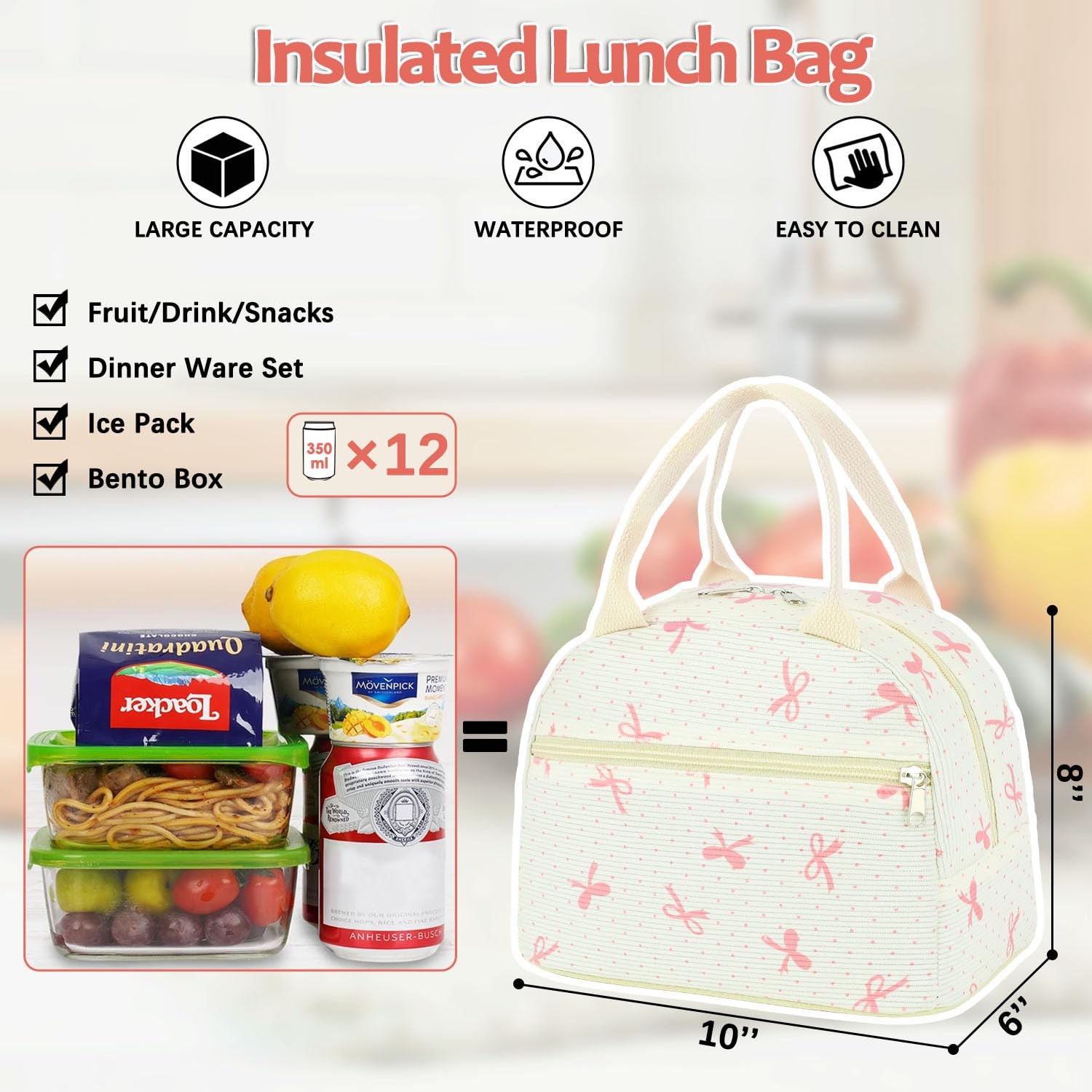GYEUKHAM Lunch Bag for Women Men – Cute Large, Corduroy Pink Butterfly