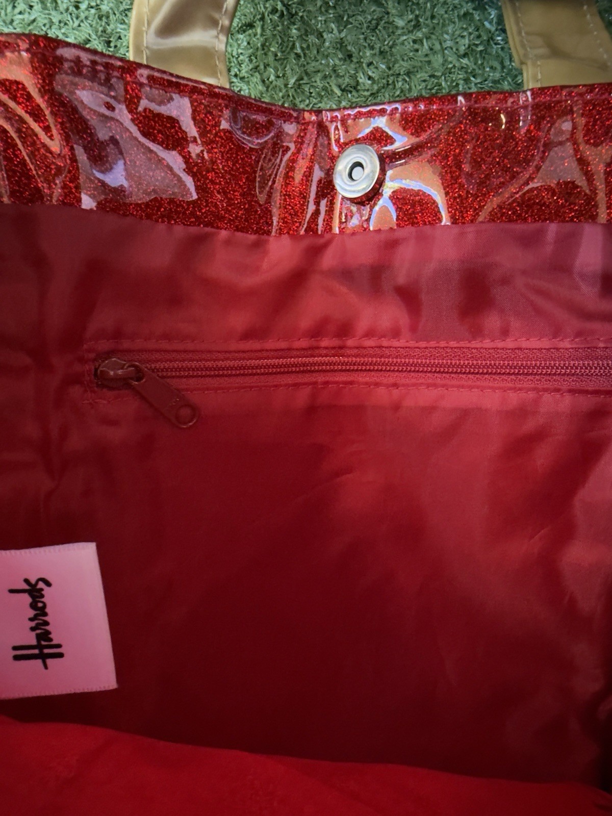 Harrods Red Foldable Reusable Shopping Bag Plastic Gold Handles Zippered Pocket