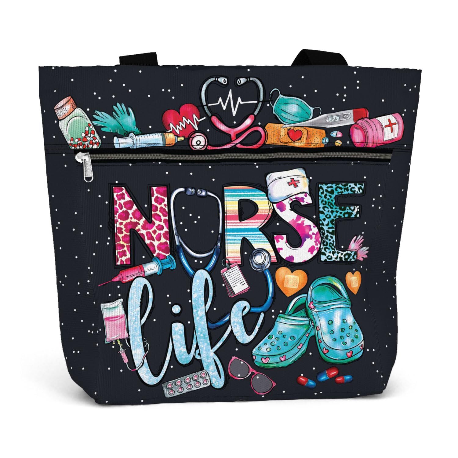 LARGE WATERPROOF TOTE BAG WITH POCKETS AND ZIPPER FOR WORK. GIFT FOR NURSE. SHOU