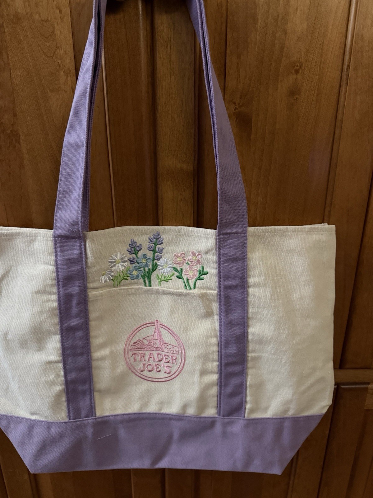 YOUR NAME *LARGE Floral Embroidery Embellished Trader Joe’s Navy Canvas Tote Bag