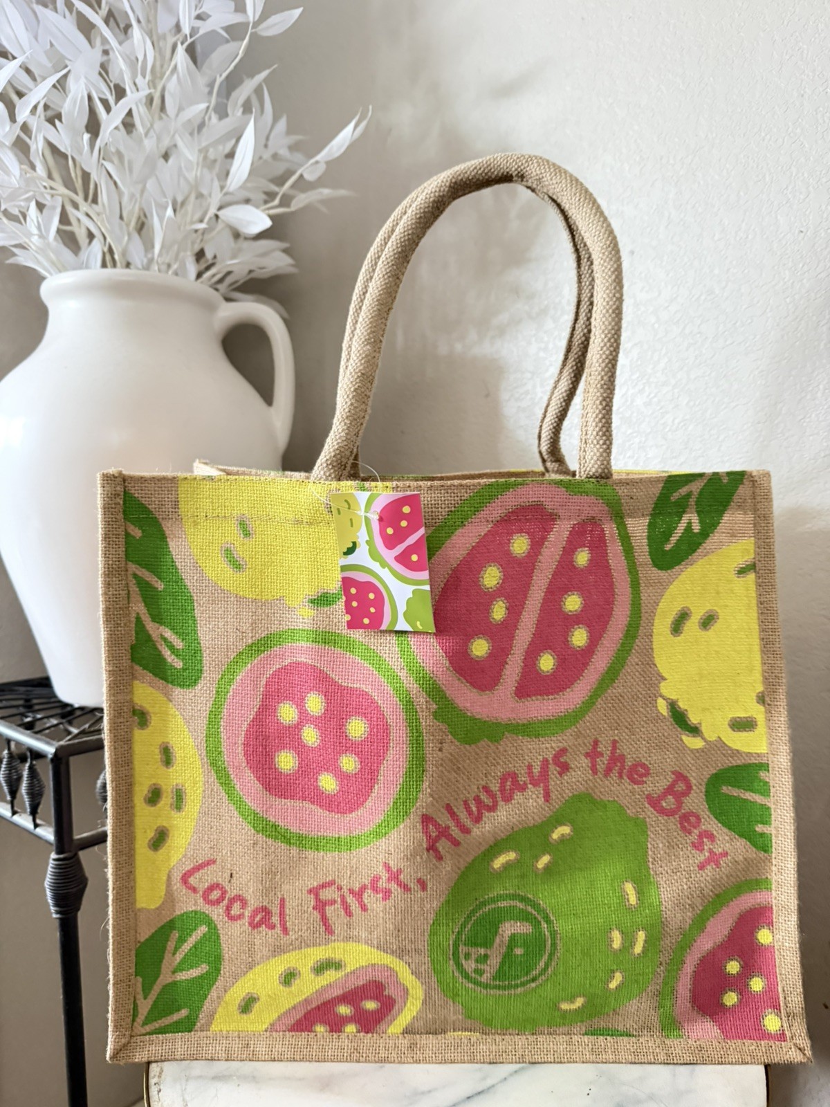 Reusable Guava Burlap Shopping Tote By Foodland Hawaii
