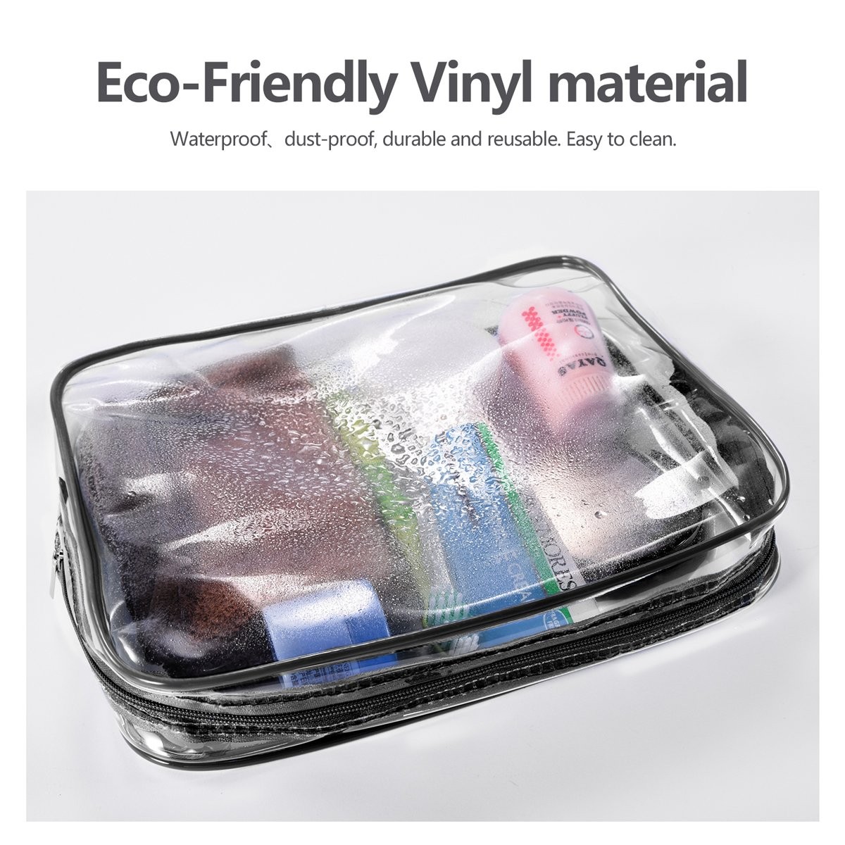 3Pcs Crystal Clear PVC Travel 3 Piece Set, 1 Large, 1 Medium, 1 Small-Black