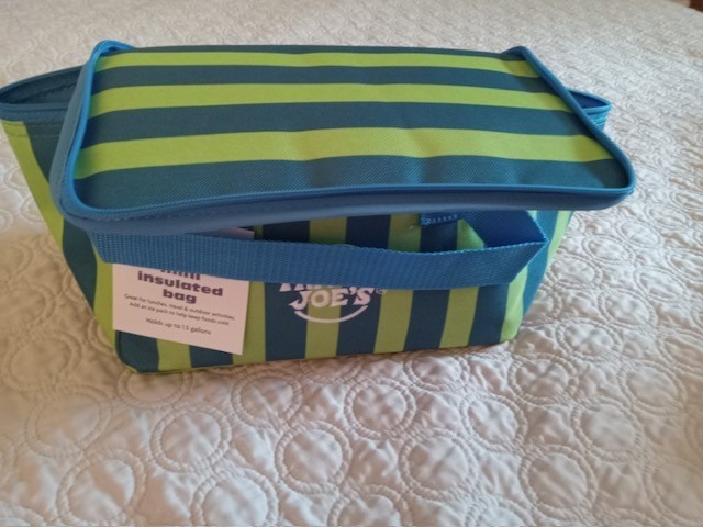 Trader Joes mini insulated bag blue and green stripes. IN HAND WITH TAGS. WOW