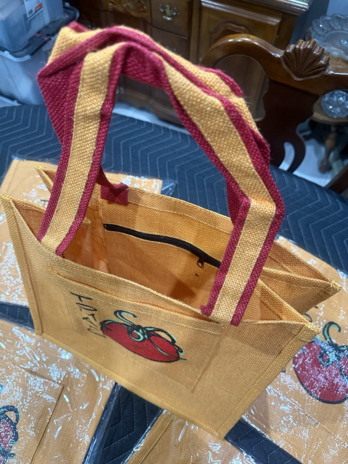 BrB Set of (5) NEW Orange Pocketed Jute Burlap Bags Perfect Tote Market Bag