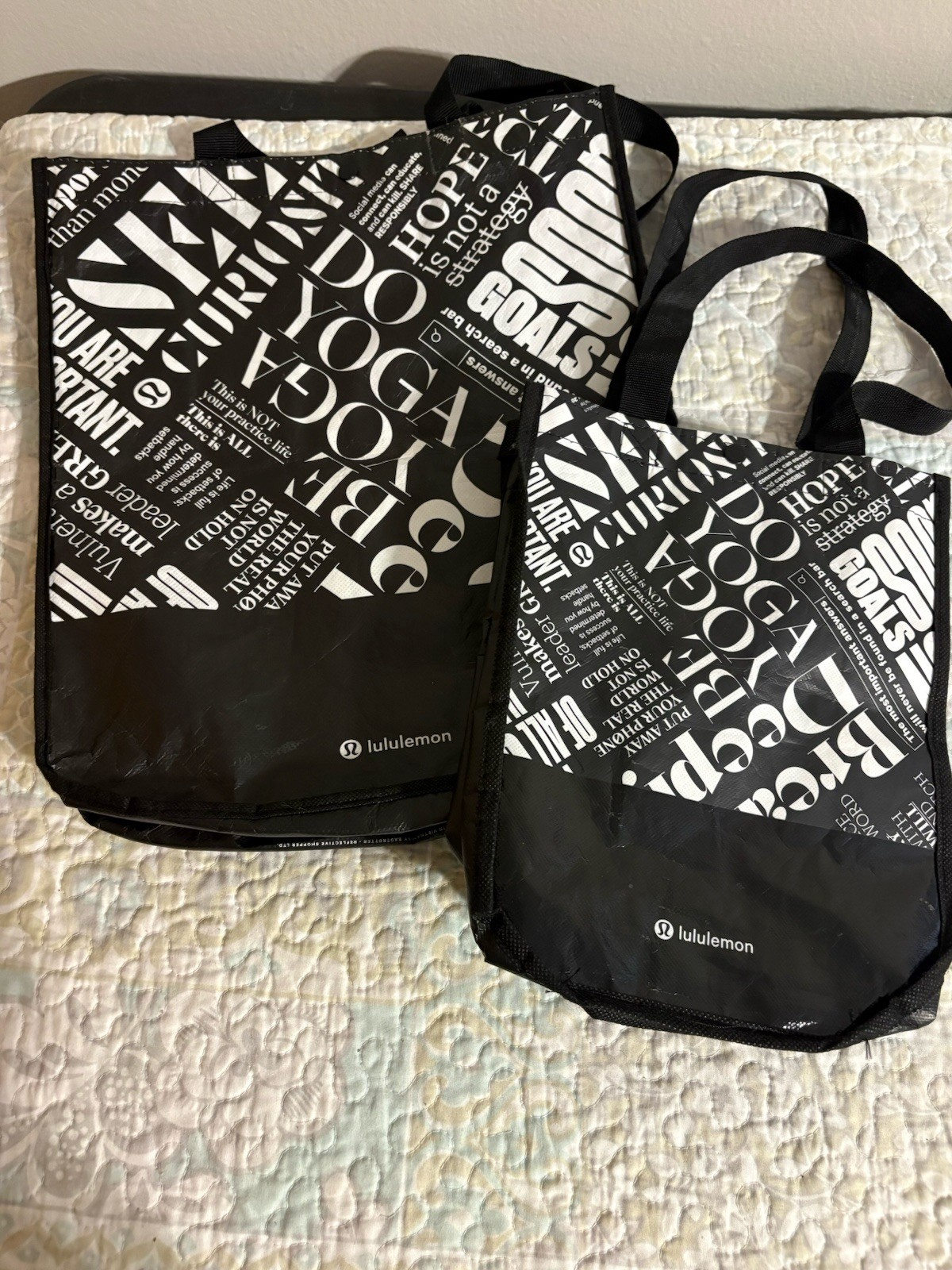 Lululemon Reusable Shopping Tote Lunch Bag Black, Set of 2, Large and Small
