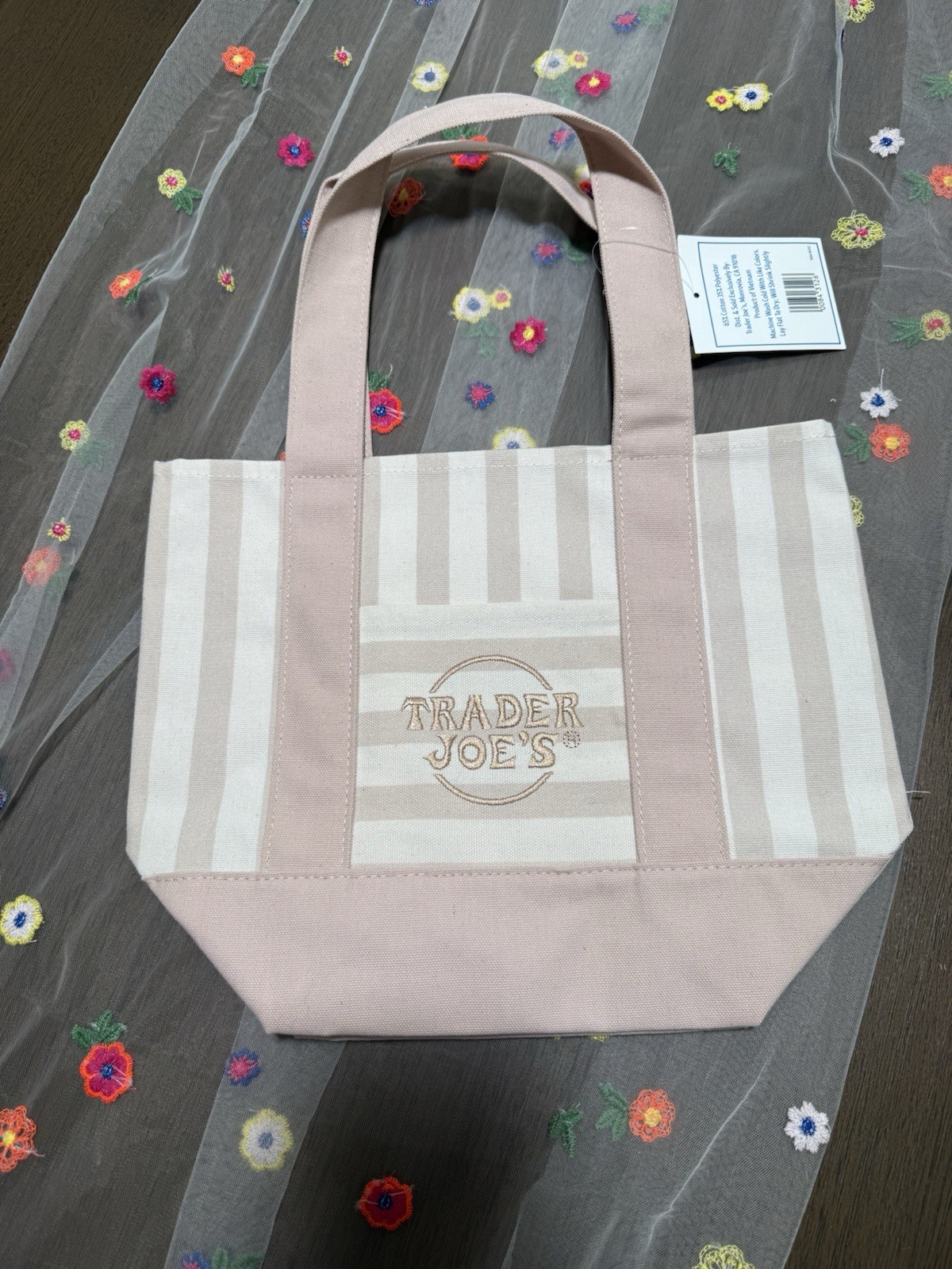 Trader Joe’s Striped Mini Canvas Tote Bag Taupe 13x6x11 in New