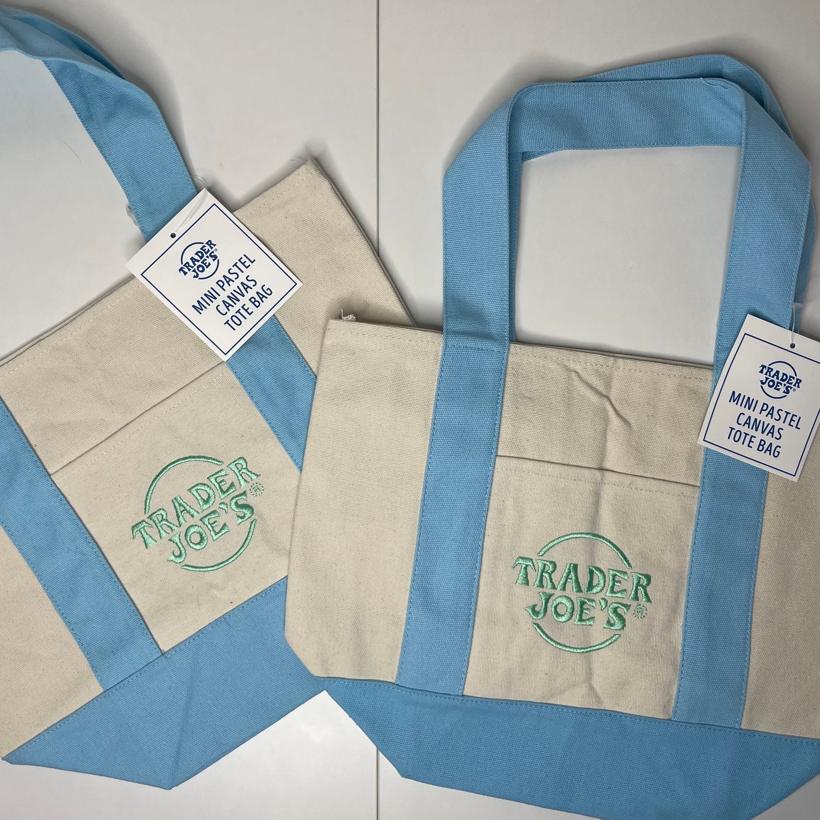 Set of 2 Trader Joe’s Canvas MINI Tote Bag Limited Edition — PASTEL BLUE + Green