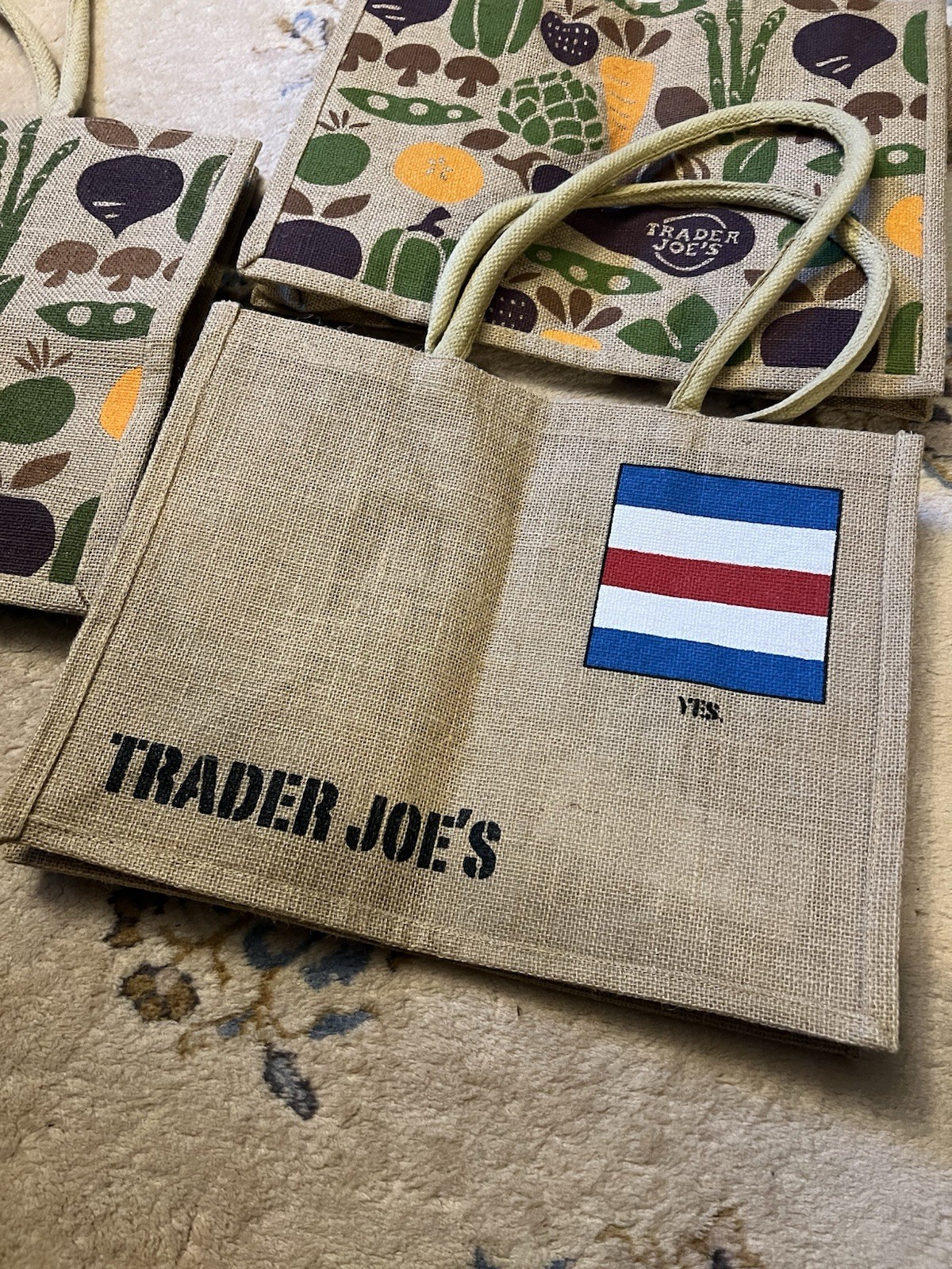 3 Trader Joe’s Jute Burlap Expand Tote Bag Vegetables Eggplant Yes Nautical Flag