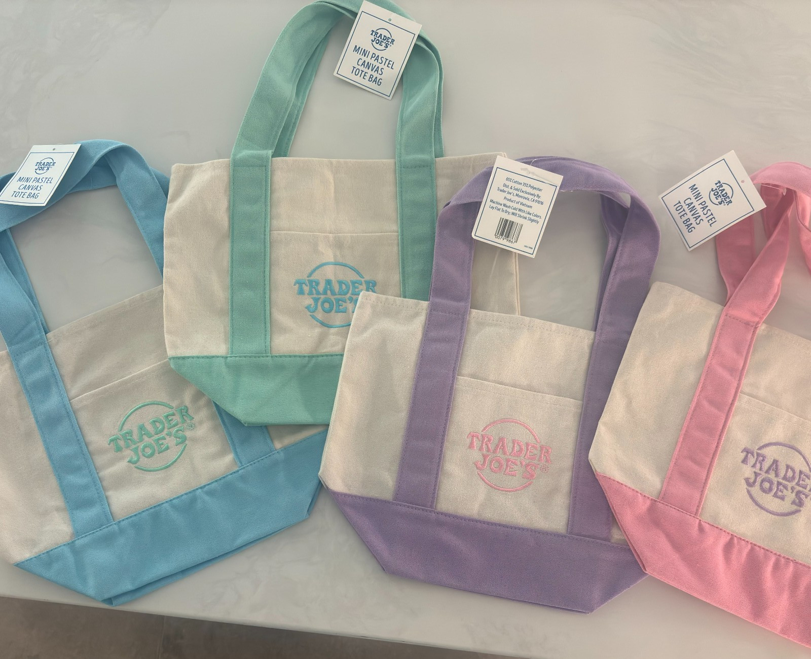 Trader Joe’s Mini Pastel Canvas Bags Lot of 4 Blue Green Purple & Pink New w Tag