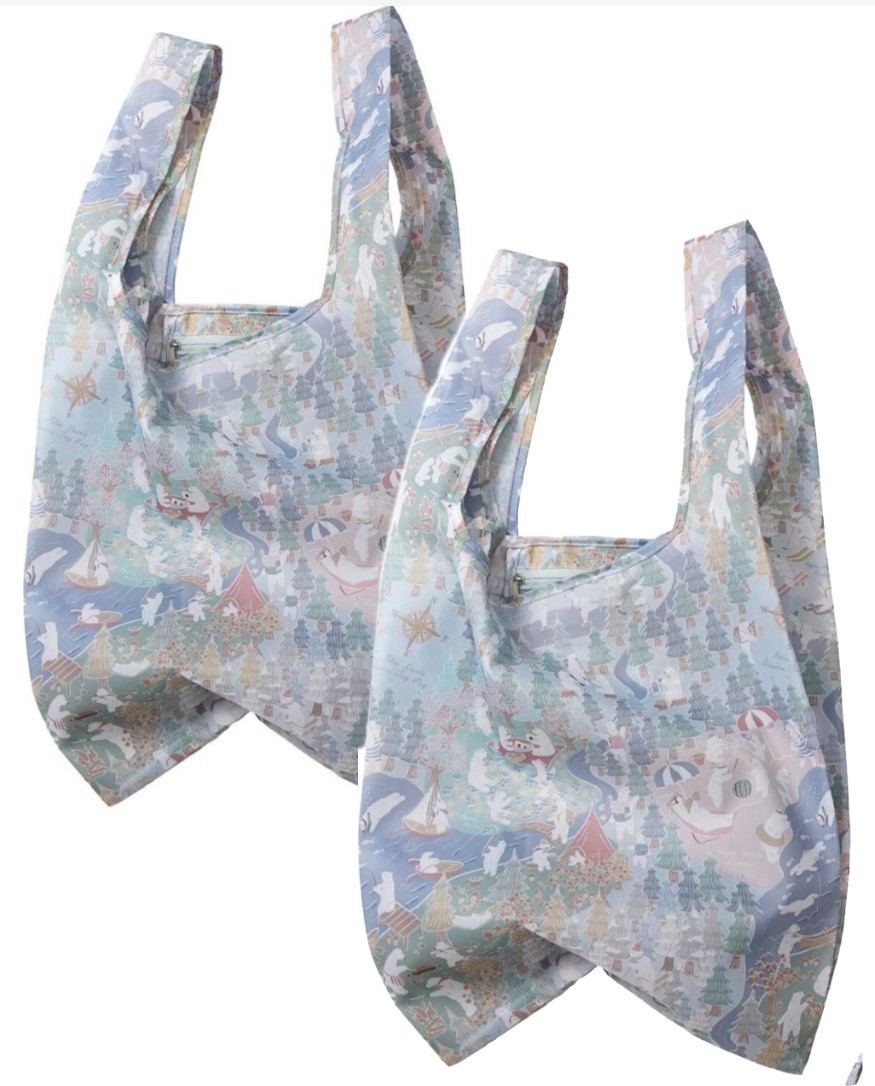 Set of 2 Large Reusable Shopping Bags w/Zipper Pouch Foldable, Polar Bears Print
