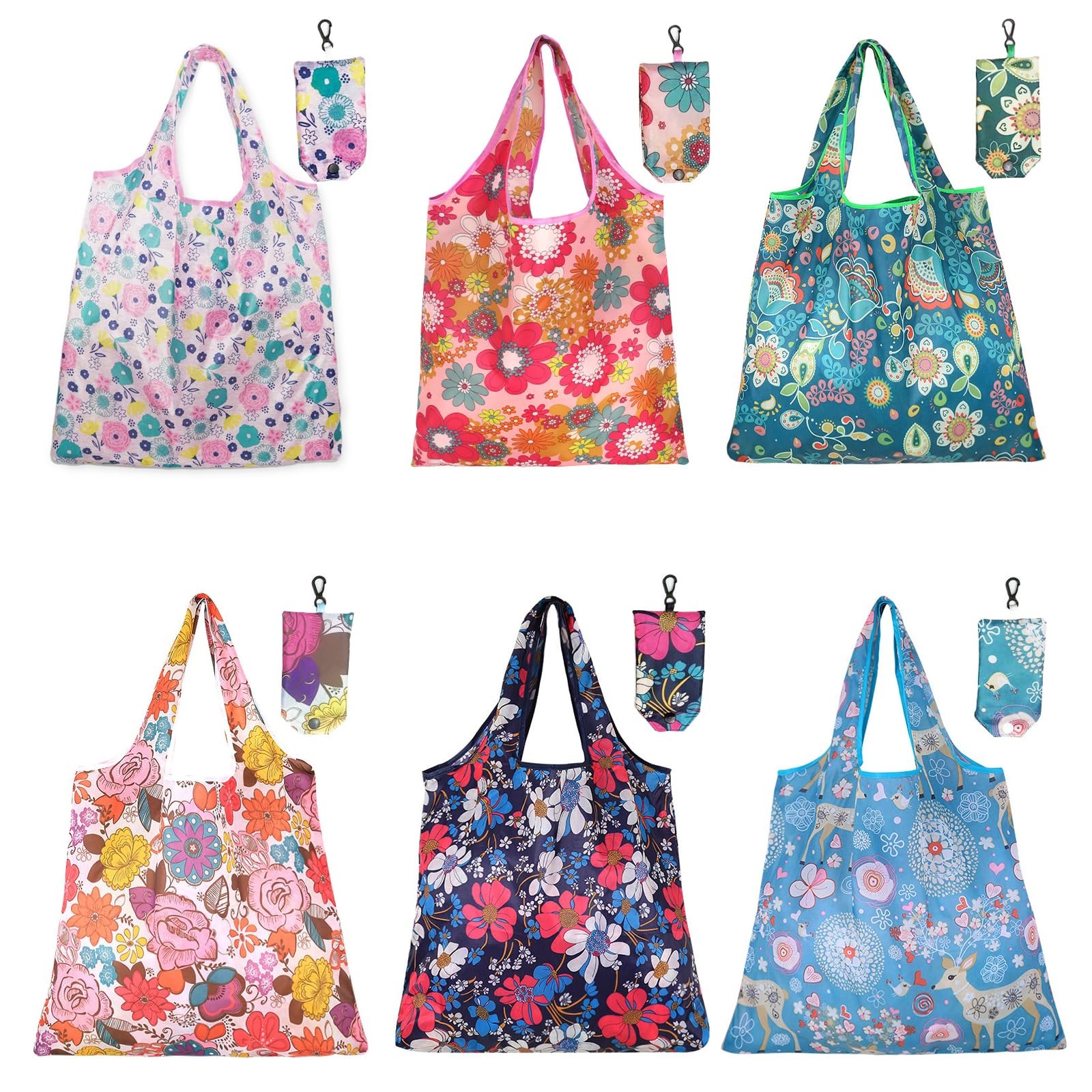 6 Pcs Reusable Shopping Bags Large, 6 Different Special Flower Patterns