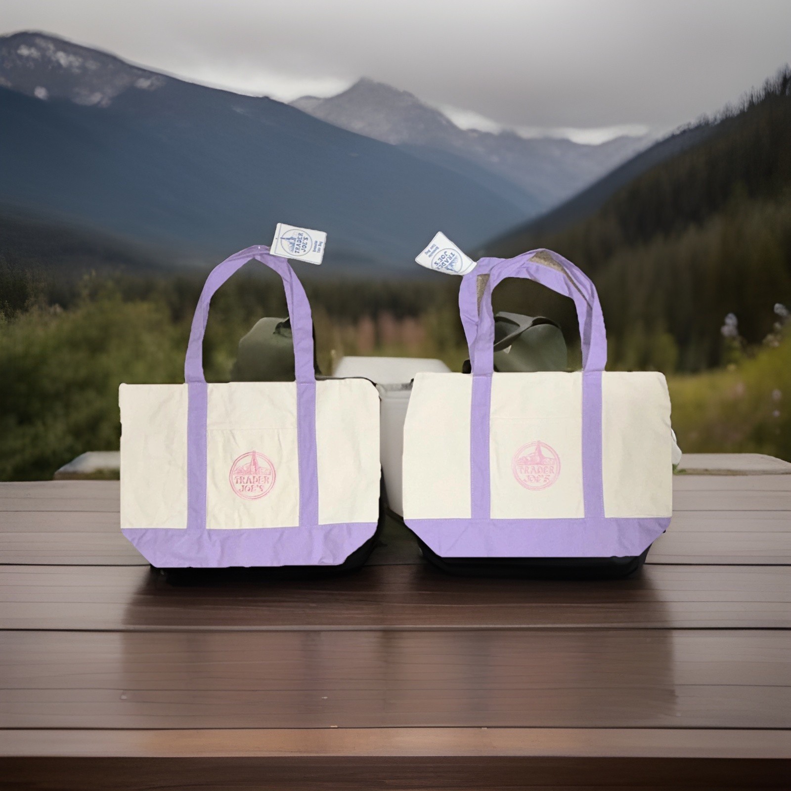 New Trader Joe’s Purple/White Reusable Shopping Tote Bags 2-Pack 13x6x12 in