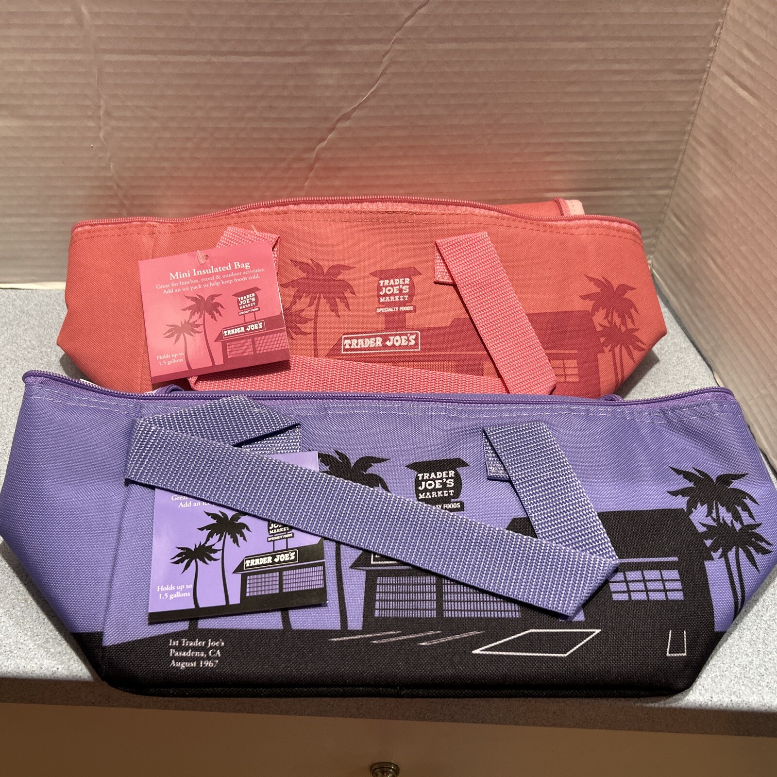 Trader Joe’s HOT PINK Magenta & TEAL Insulated Cooler Zip Reusable MINI Tote Bag