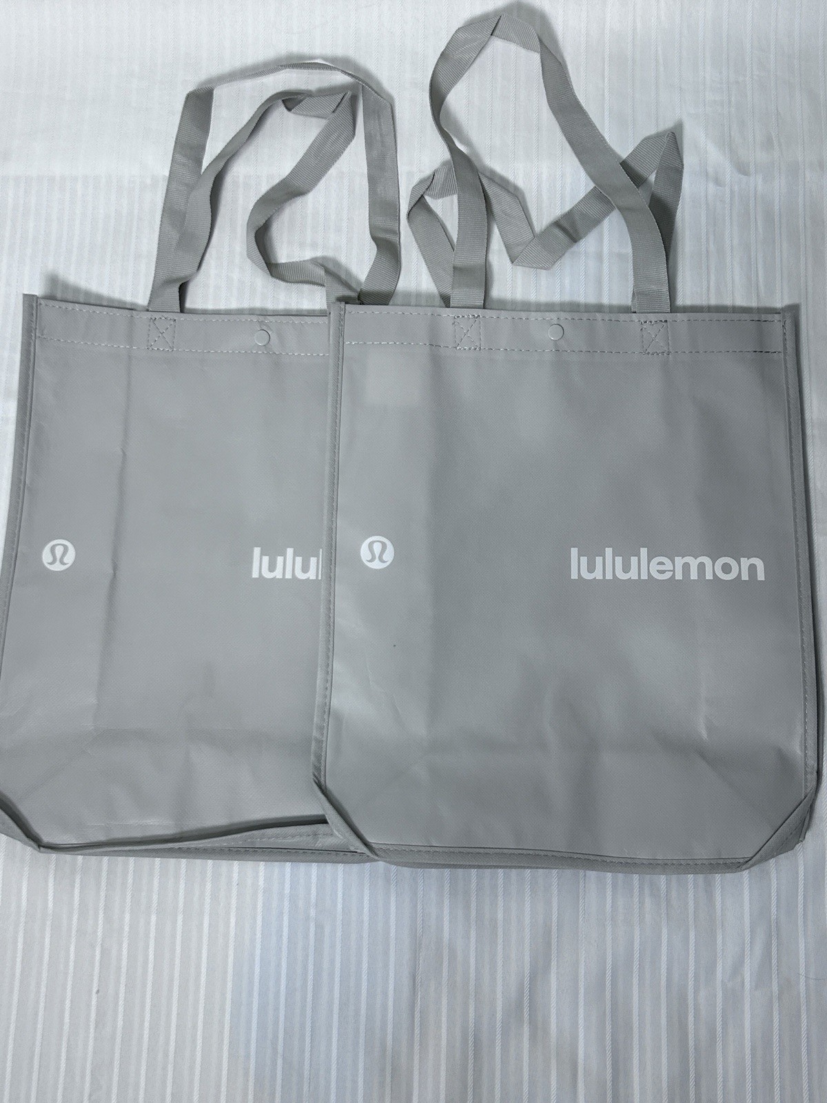 Qty of 2 Lululemon Holiday Reusable Tote Shopping Bag – Grey Logo- L 16x13x6in