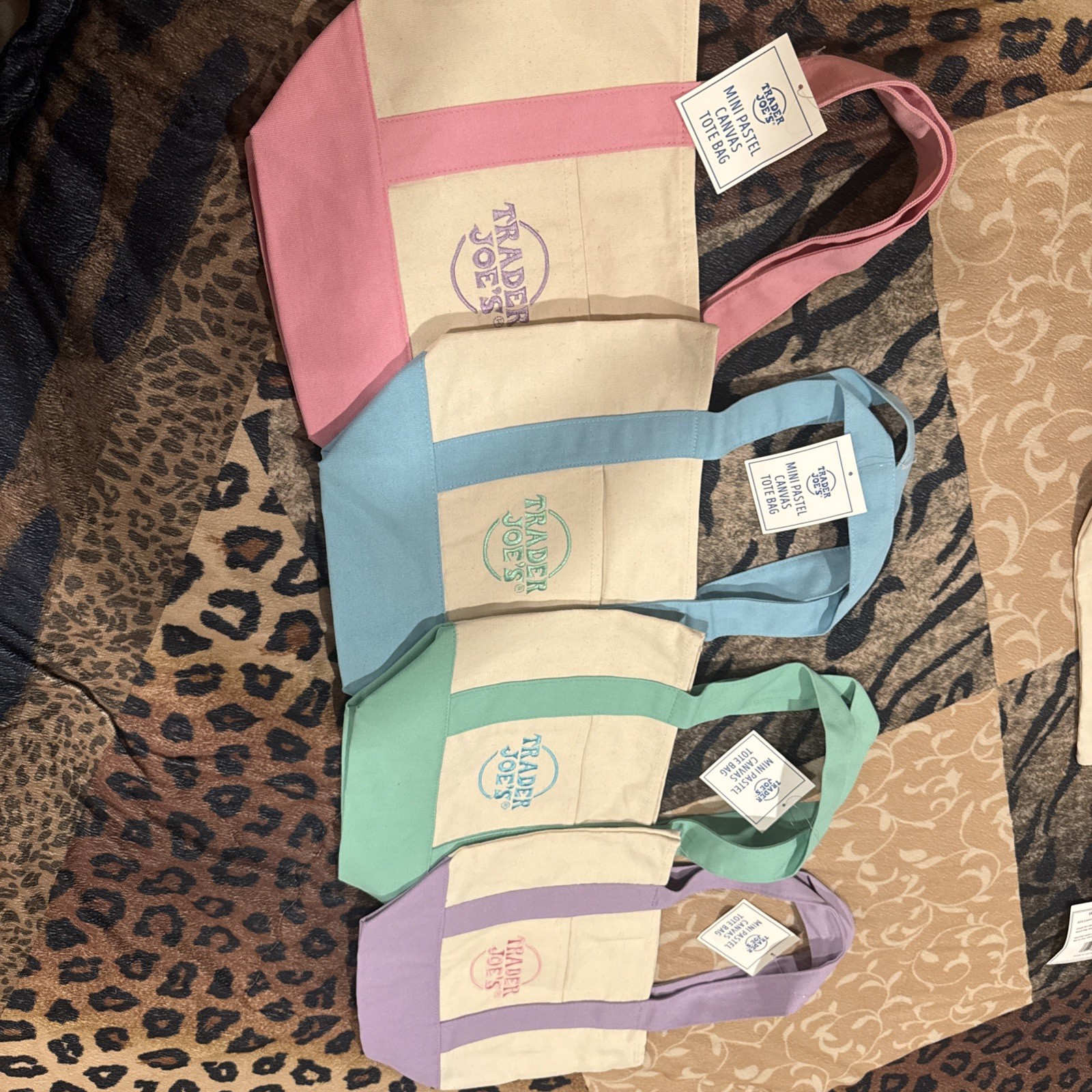 Trader Joe’s Reusable Tote Bag Cotton Polyester Beige Purple Colorblock Foldable