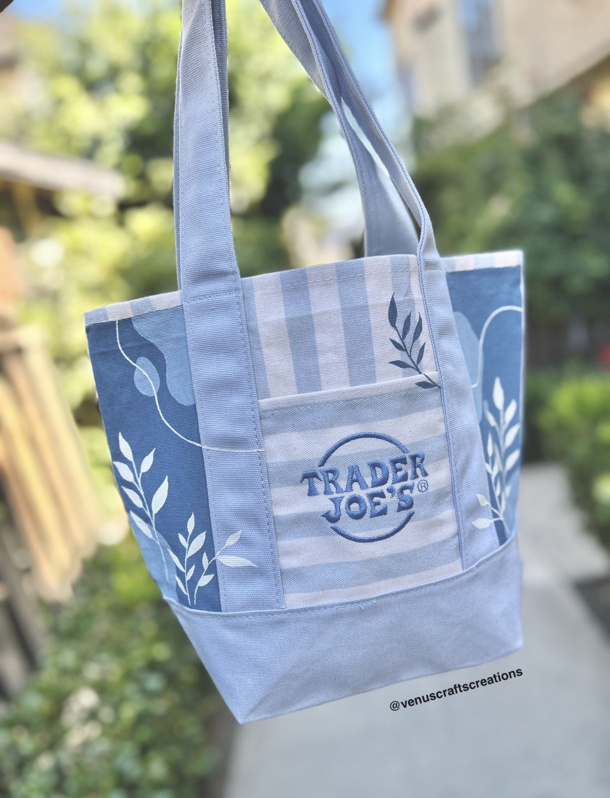 Made To Order – Hand-Painted Trader Joe’s Striped Mini Blue Tote — Botanicals