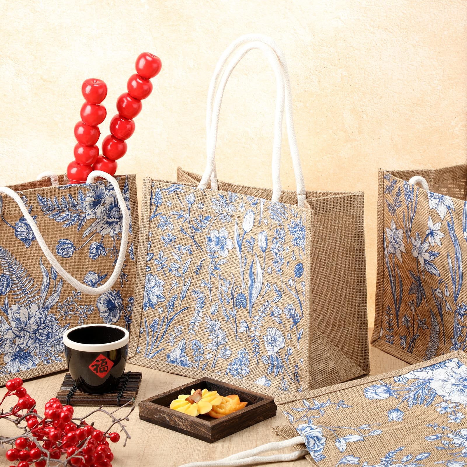 6 Pcs Blue and White Floral Burlap Tote Bags Chinoiserie Flower Jute Gift Bag…