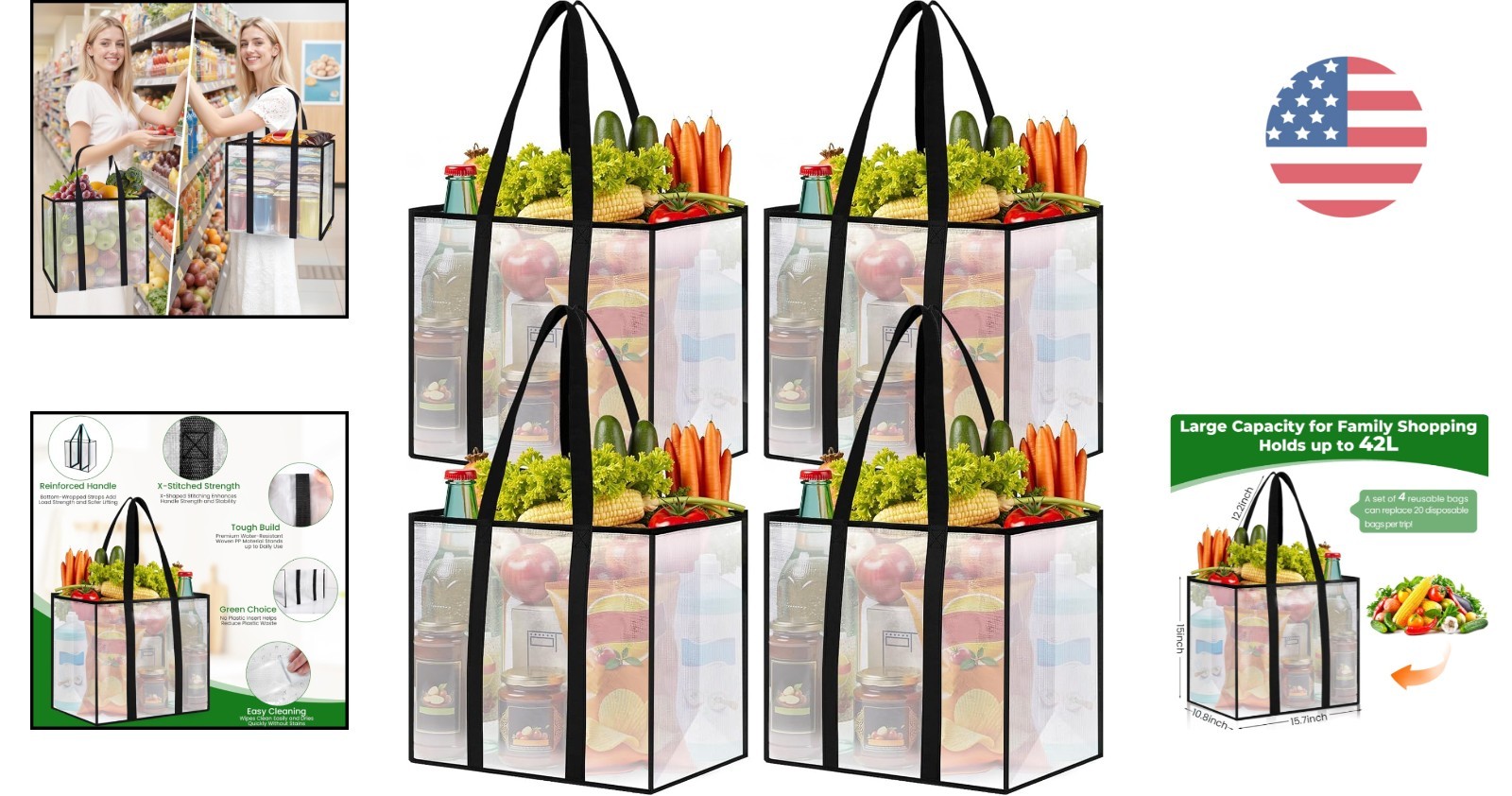 Clear Multi-Purpose 4 Pack Reusable Grocery Bags – Handles & Water-Resistant