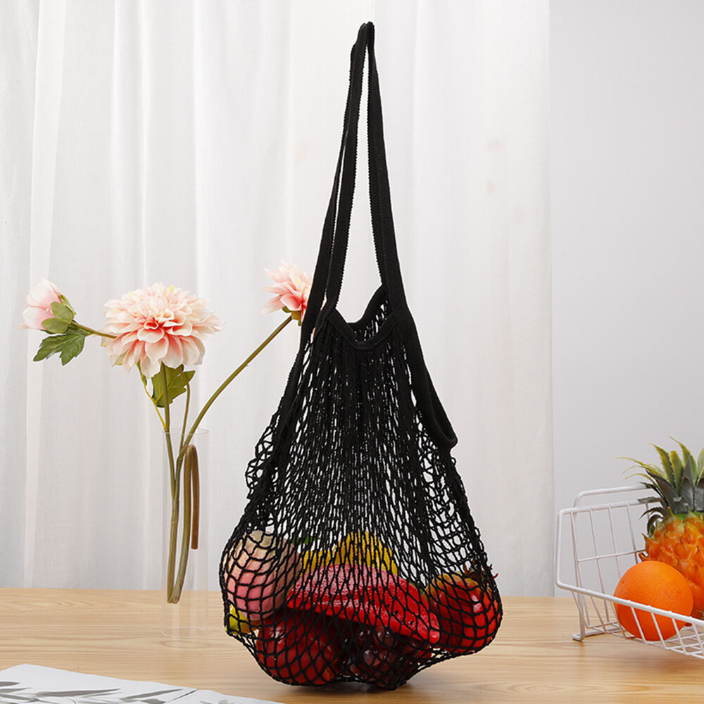 Woven Cotton Mesh Bag Foldable String Long Handle Net Tote Fruit Vegetable New