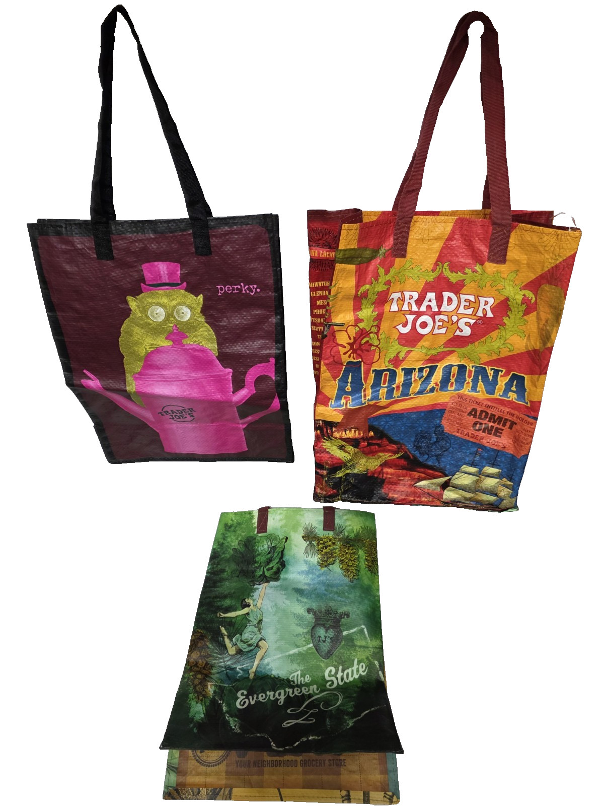 Lot Of 3 Trader Joe’s Reusable Shopping Bags Arizona Washington Nice Condition