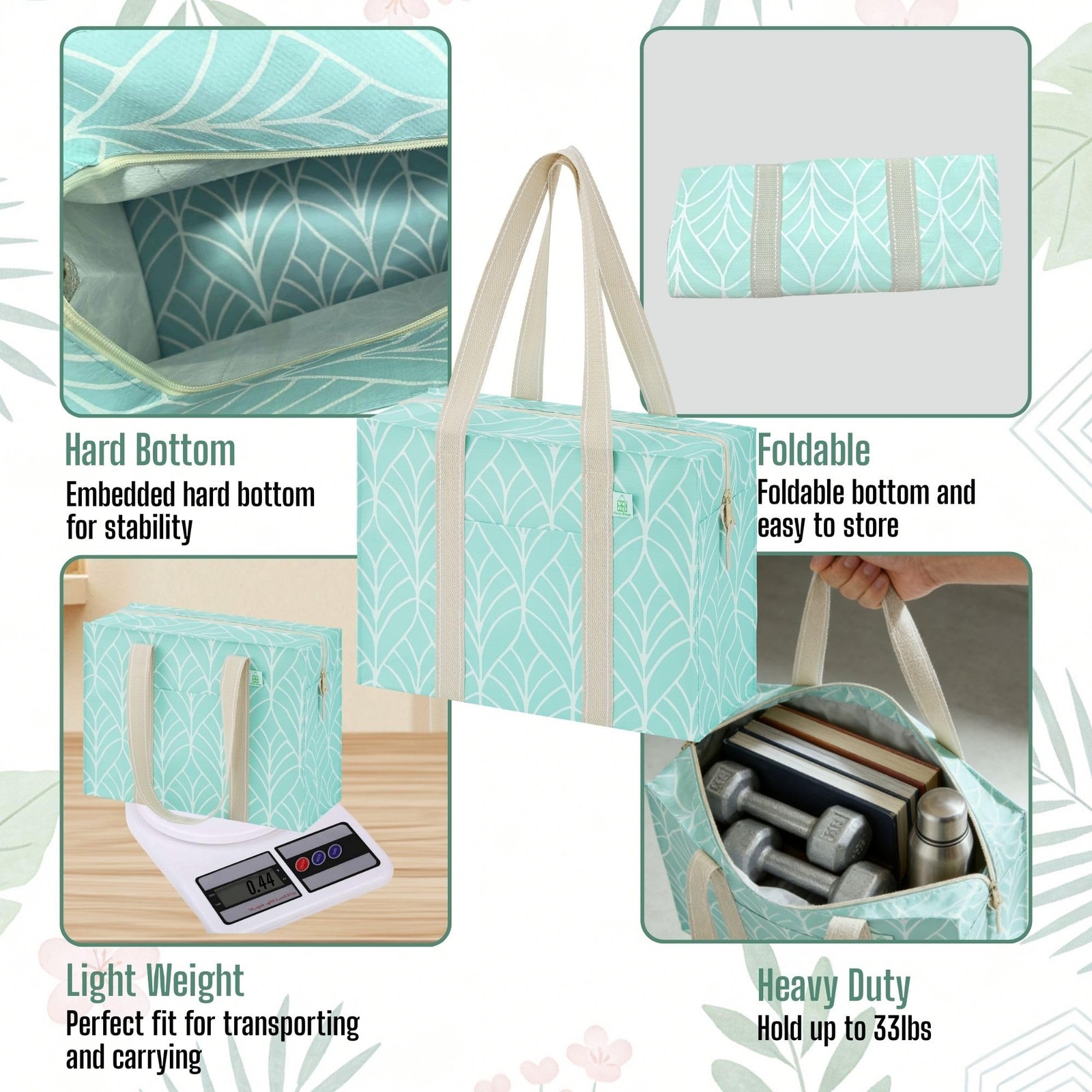 4 Pack Reusable Grocery Bags with Zipper, Heavy Duty Utility Tote with Hard B…