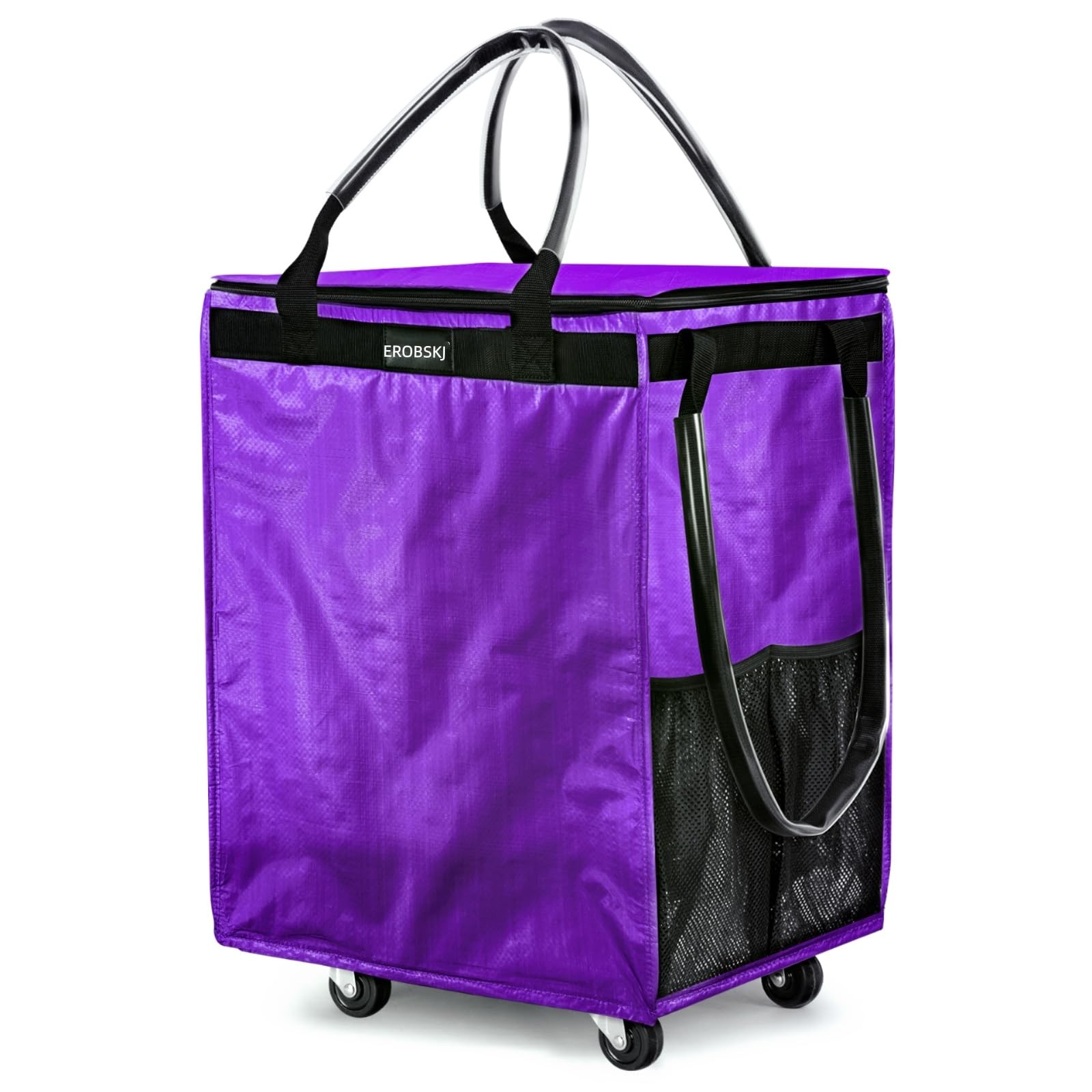 (Medium,Violet) Reusable Grocery Bag on Wheels, 70L Foldable Rolling Tote, Ex…