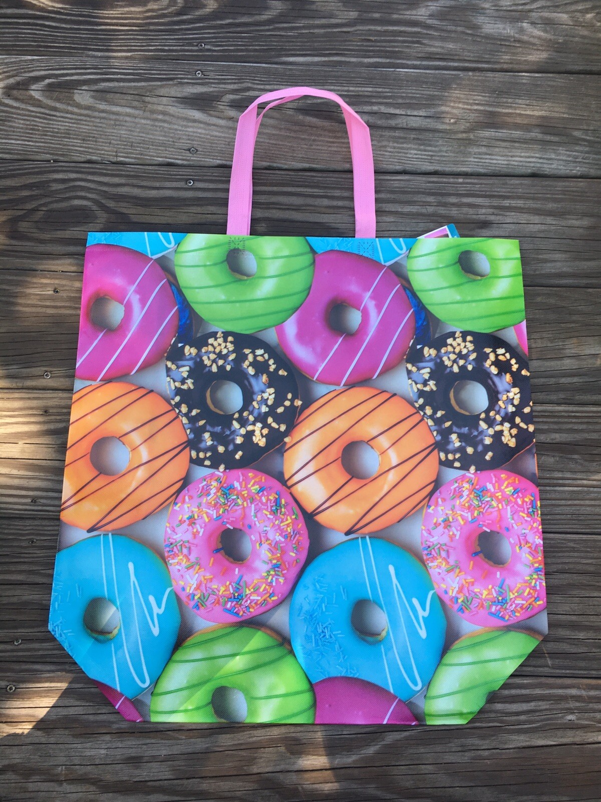 LARGE MAX ADAMS DONUTS 🍩 Vinyl Reusable Shopping Tote Bag COLORFUL 12×13