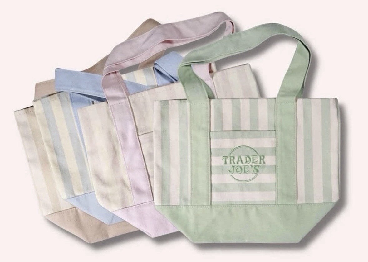 TRADER JOE’S MINI PASTEL STRIPE CANVAS TOTE BAGS SET Of 4 PINK BLUE GREEN BEIGE
