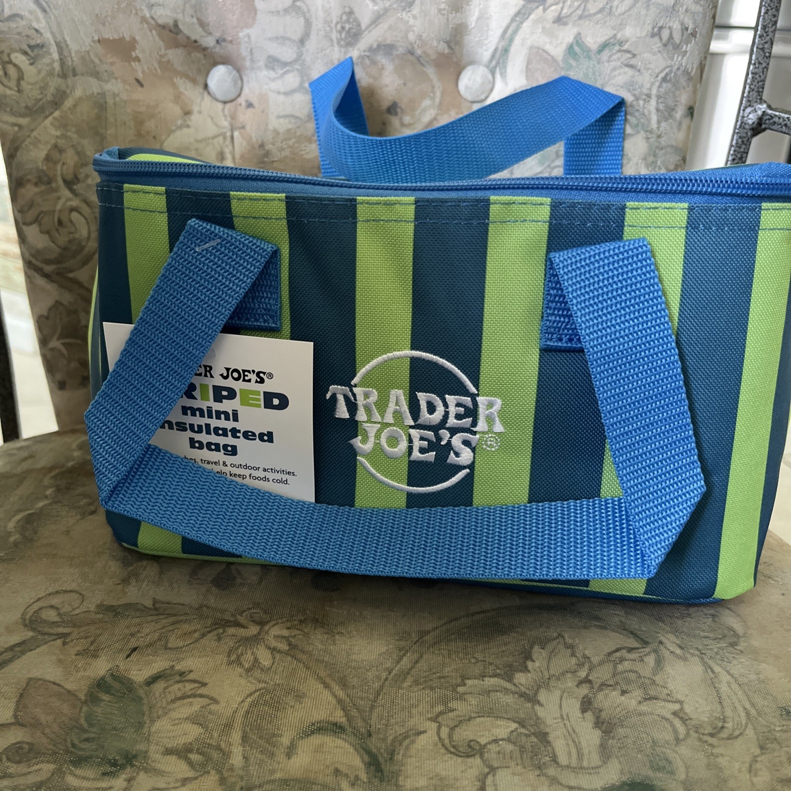 One Trader Joe’s Mini Insulated Bag Cooler Striped 1.5 Gal Navy Green
