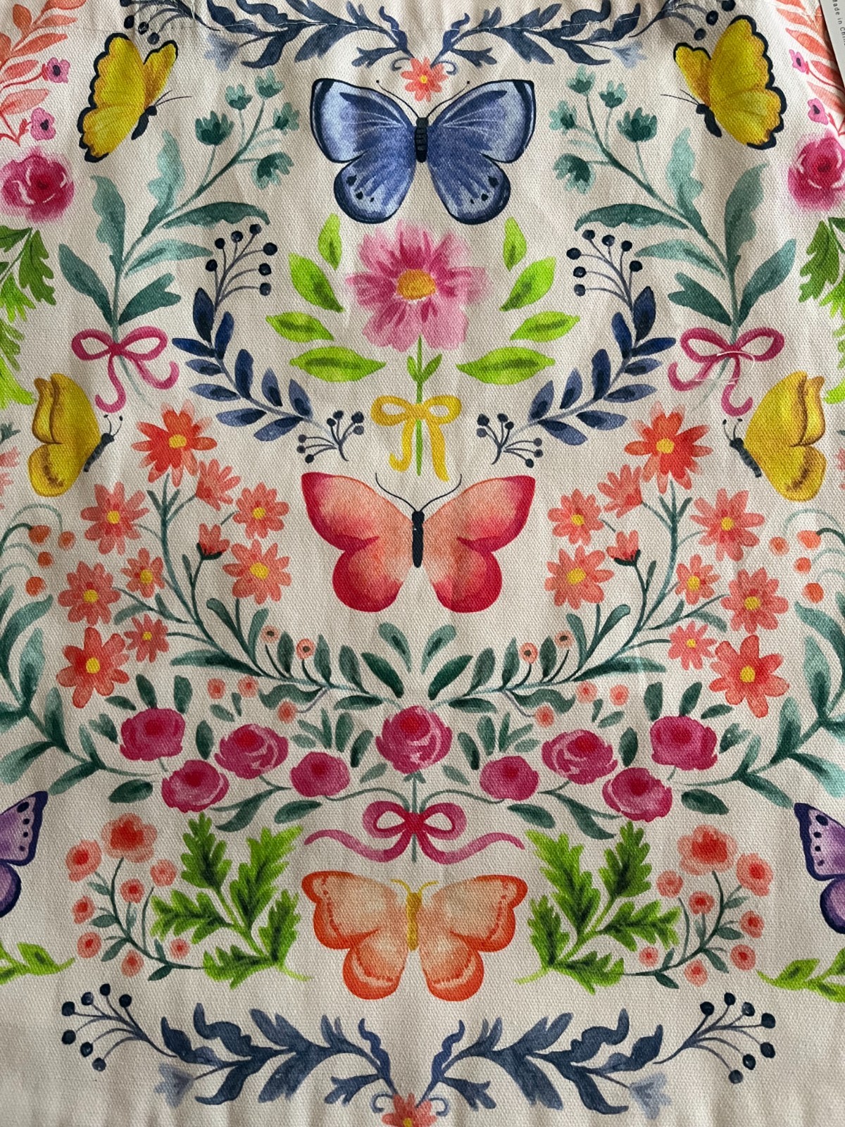 Rachel & Zoe Colorful Floral & Butterflies Cotton Canvas Tote Bag 16″ Square NEW