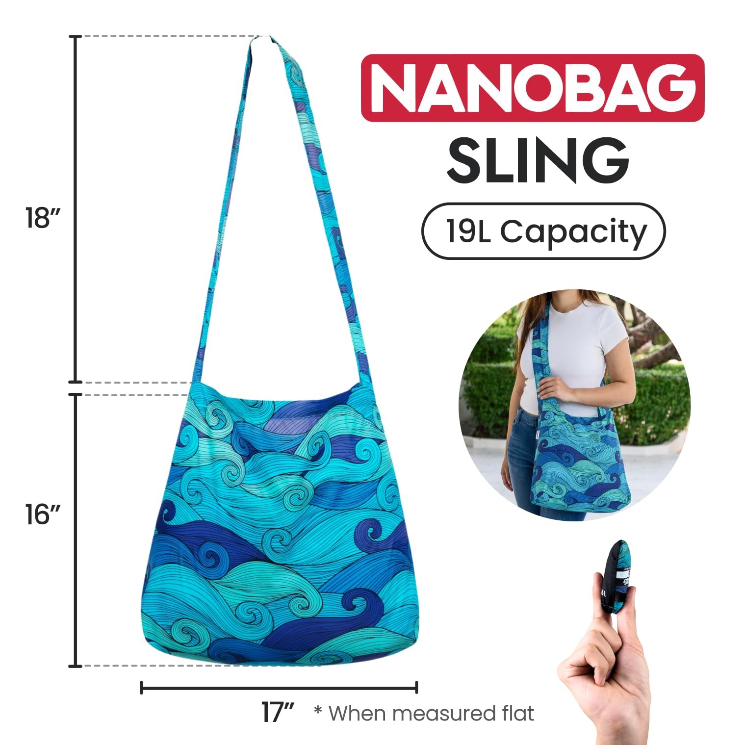 Ultra-Lightweight Sling Bag Heavy Duty Foldable Crossbody Blue Waves 1 PCS