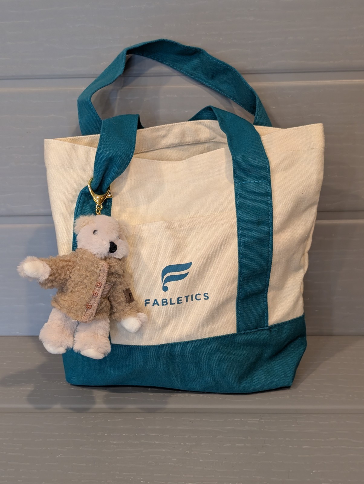 Fabletics Reusable Canvas Tote Bag With Fabletics Plush Bear Bag Charm