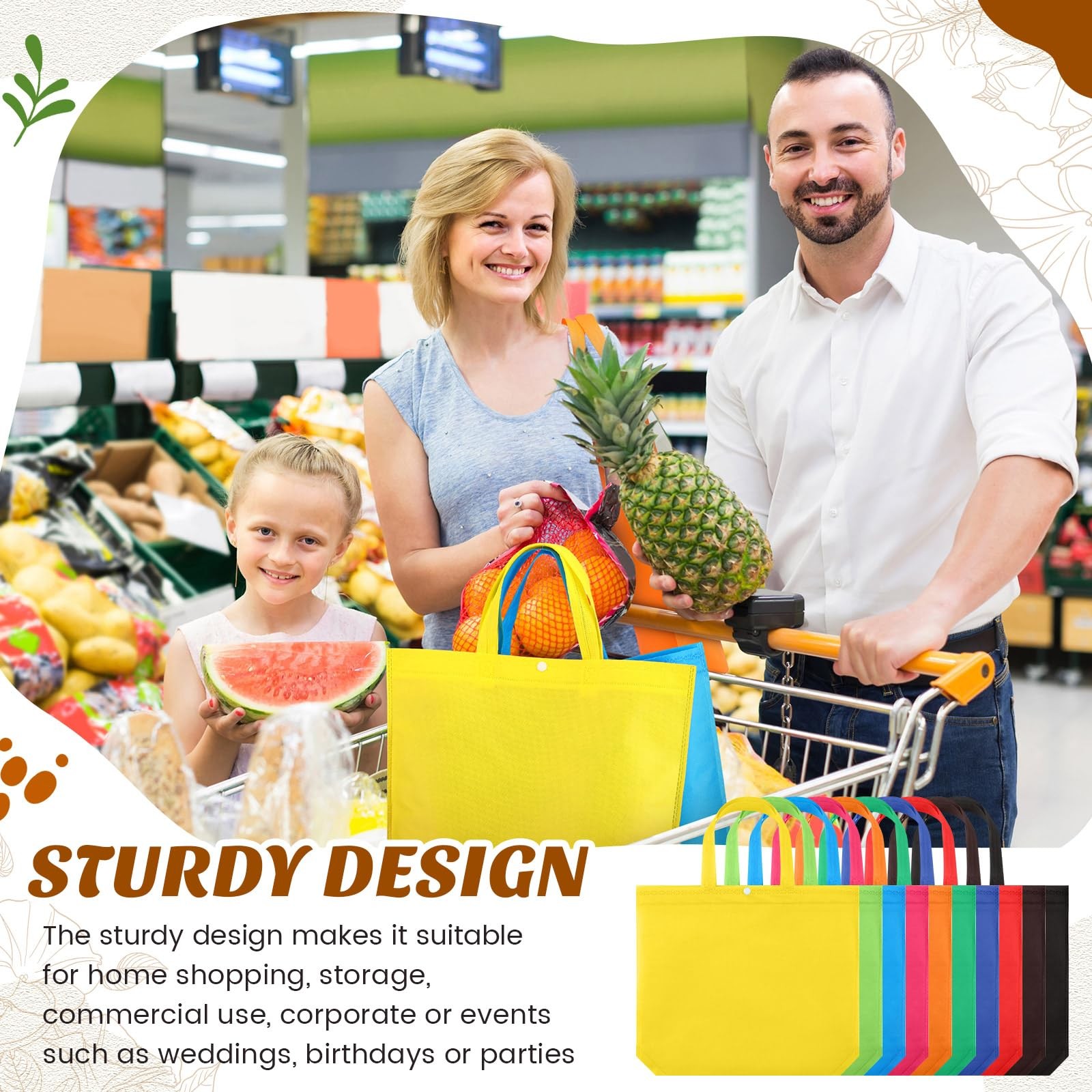 50 PCS Reusable Grocery Bags Bulk Large Non Woven Multicolor 14.96×12.6 In