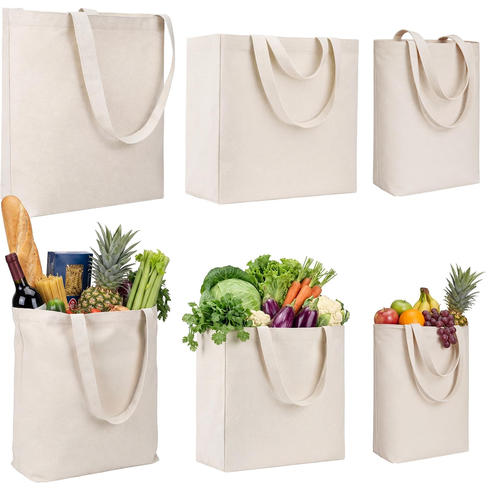 Sunnymove 6 Pcs Canvas Grocery Bags, 3 Sizes Reusable Heavy Duty Cotton Shopp…